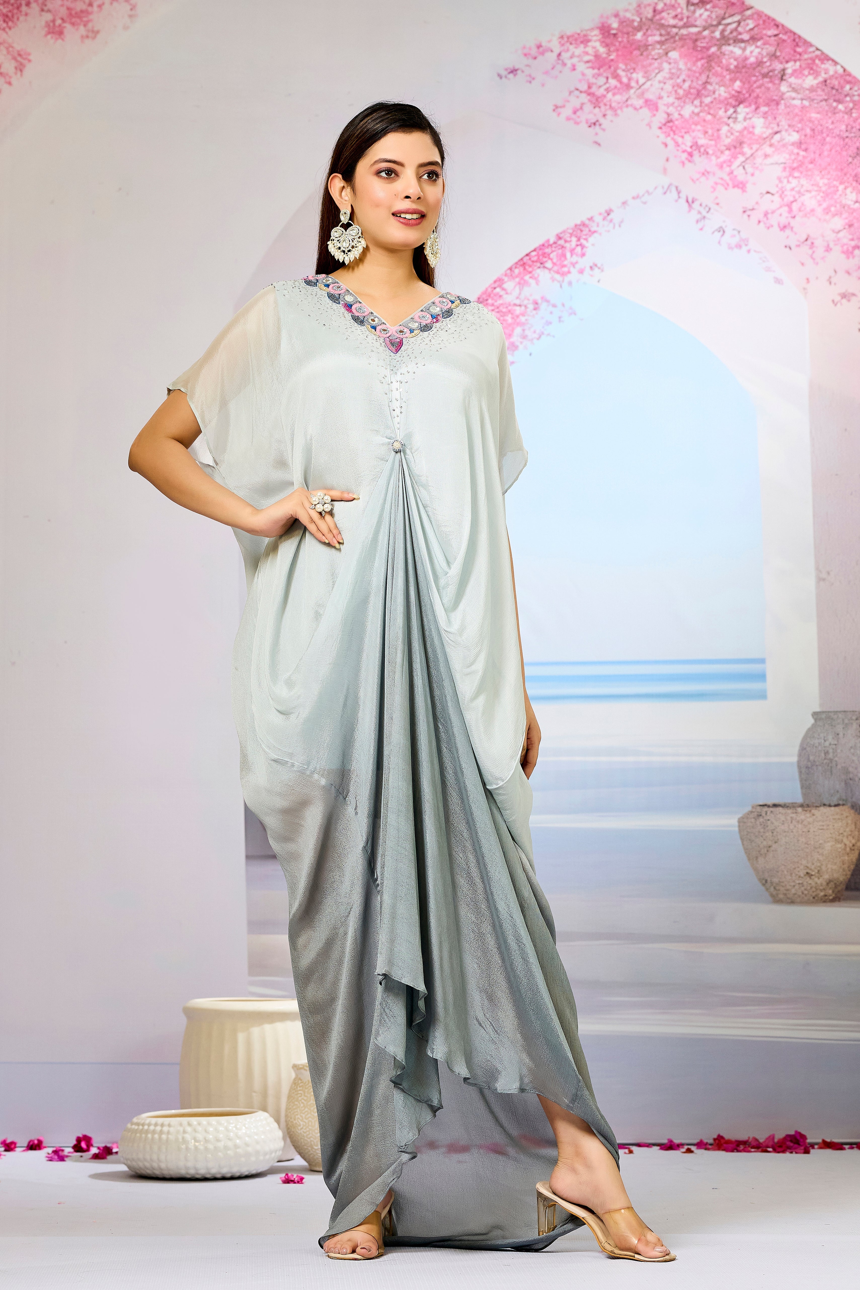 Grey Ombre-Dyed Chinon Silk Kaftan Gown