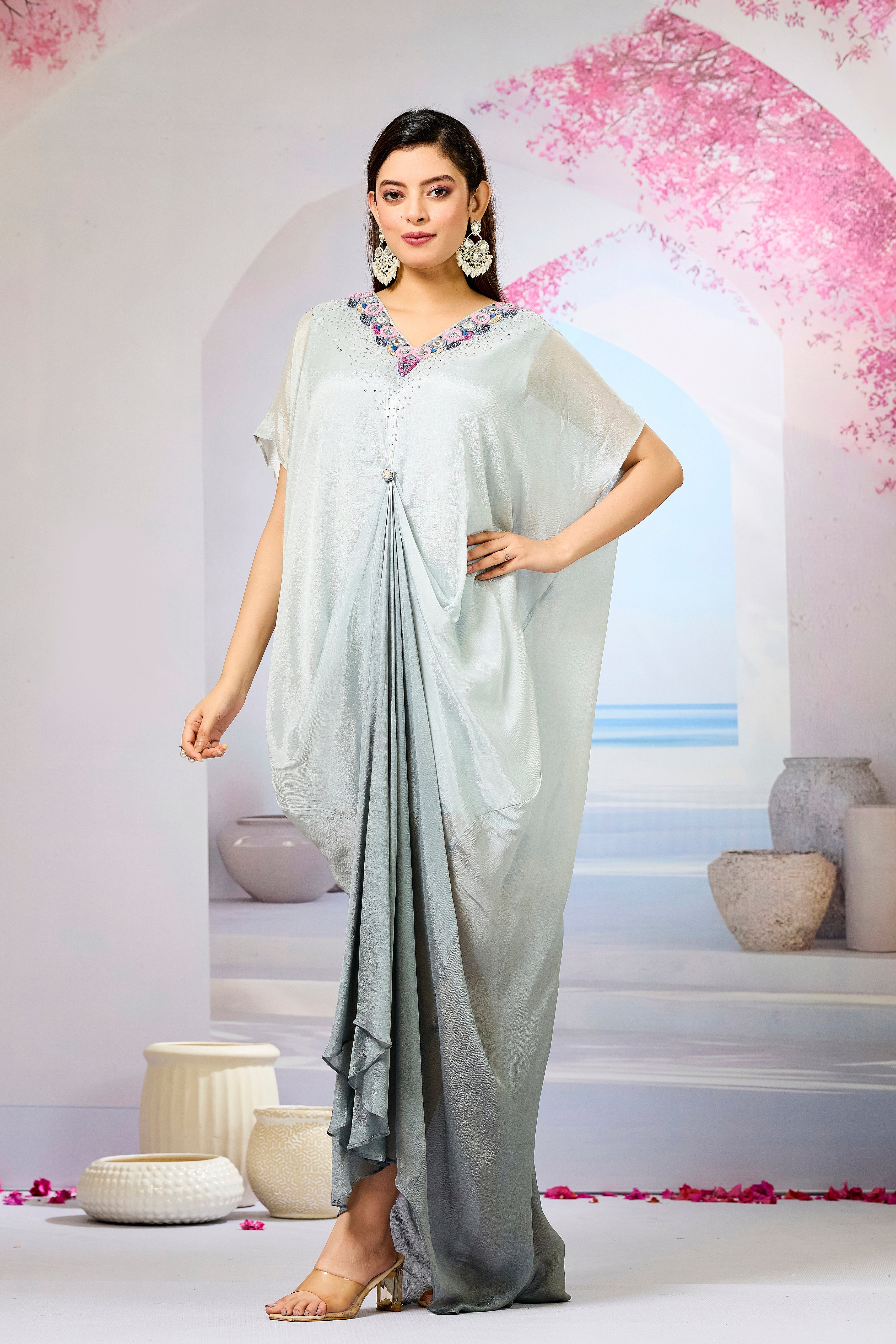 Grey Ombre-Dyed Chinon Silk Kaftan Gown