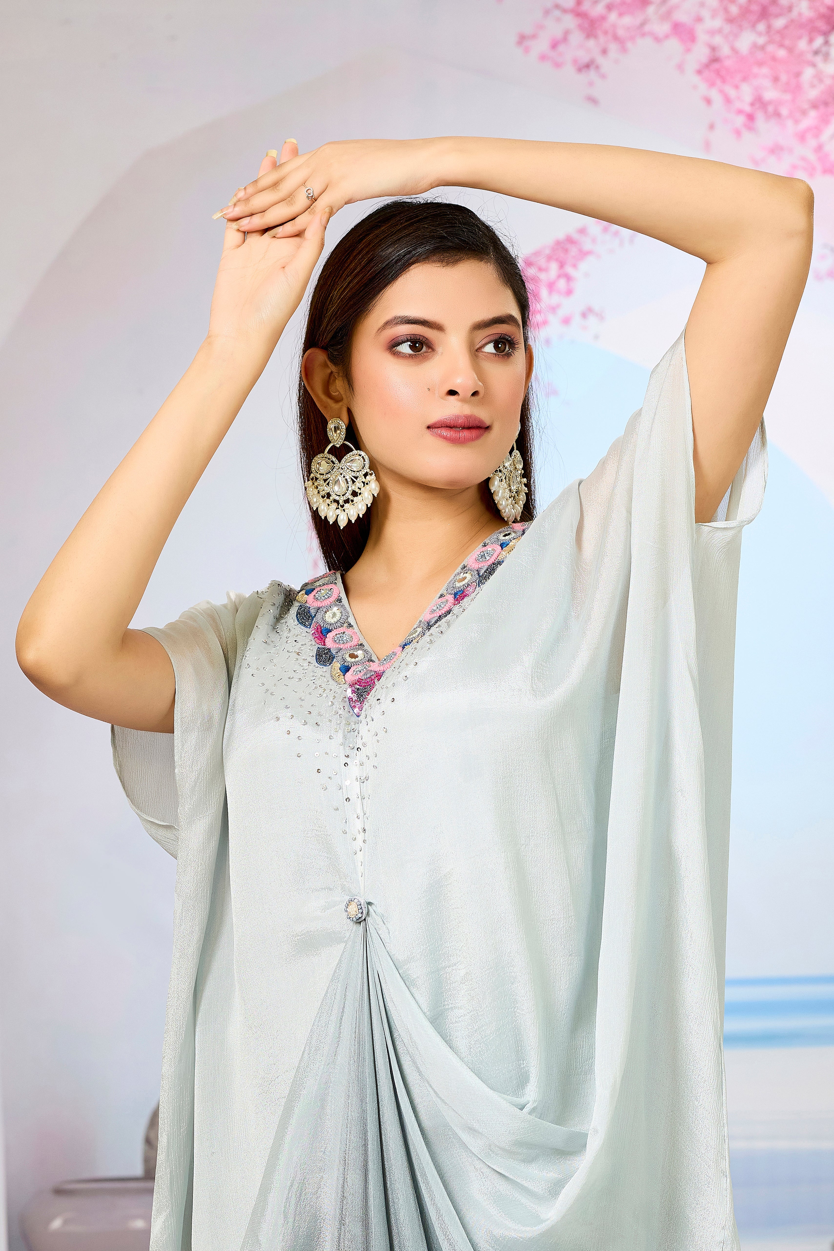 Grey Ombre-Dyed Chinon Silk Kaftan Gown