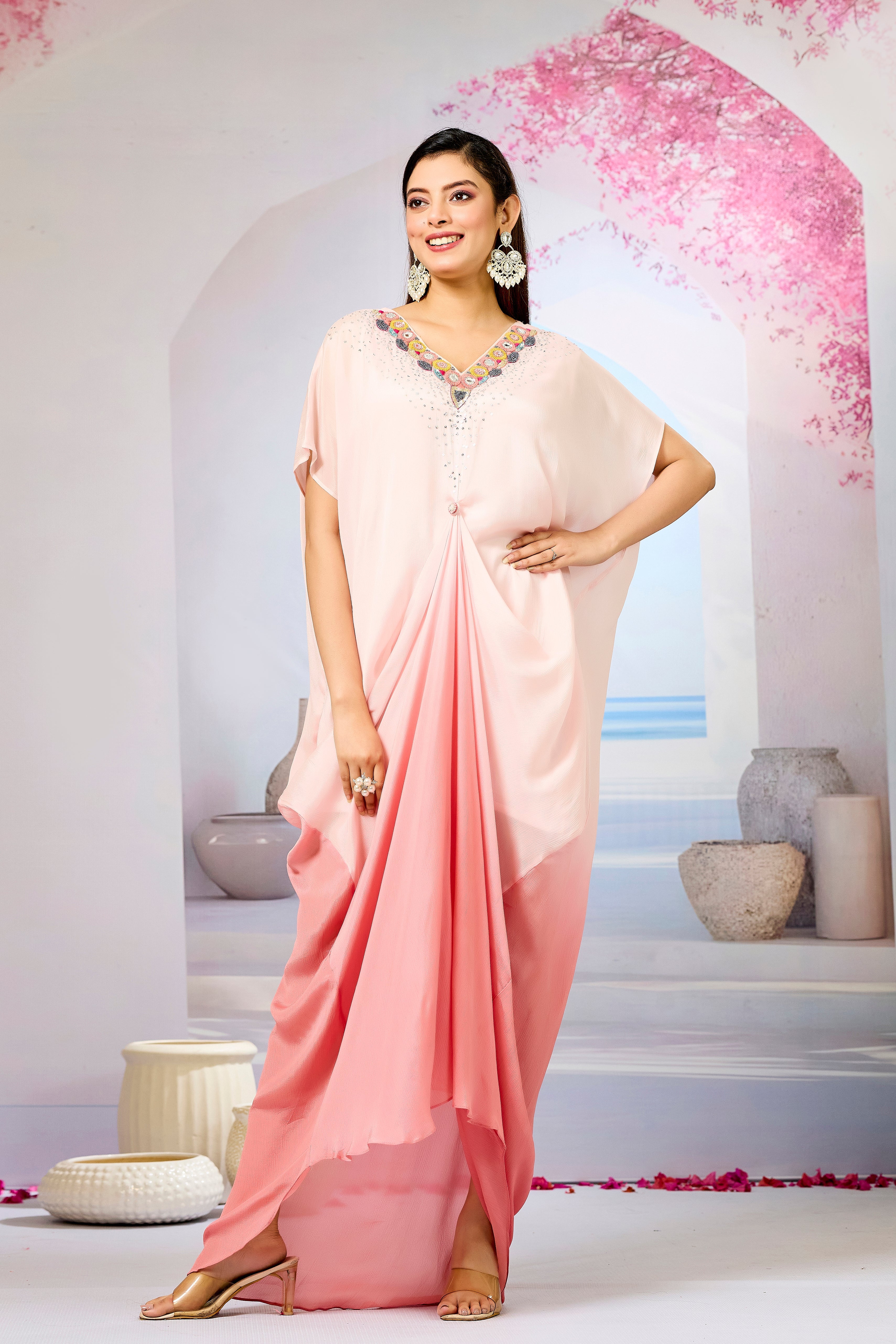 Peach Ombre-Dyed Chinon Silk Kaftan Gown
