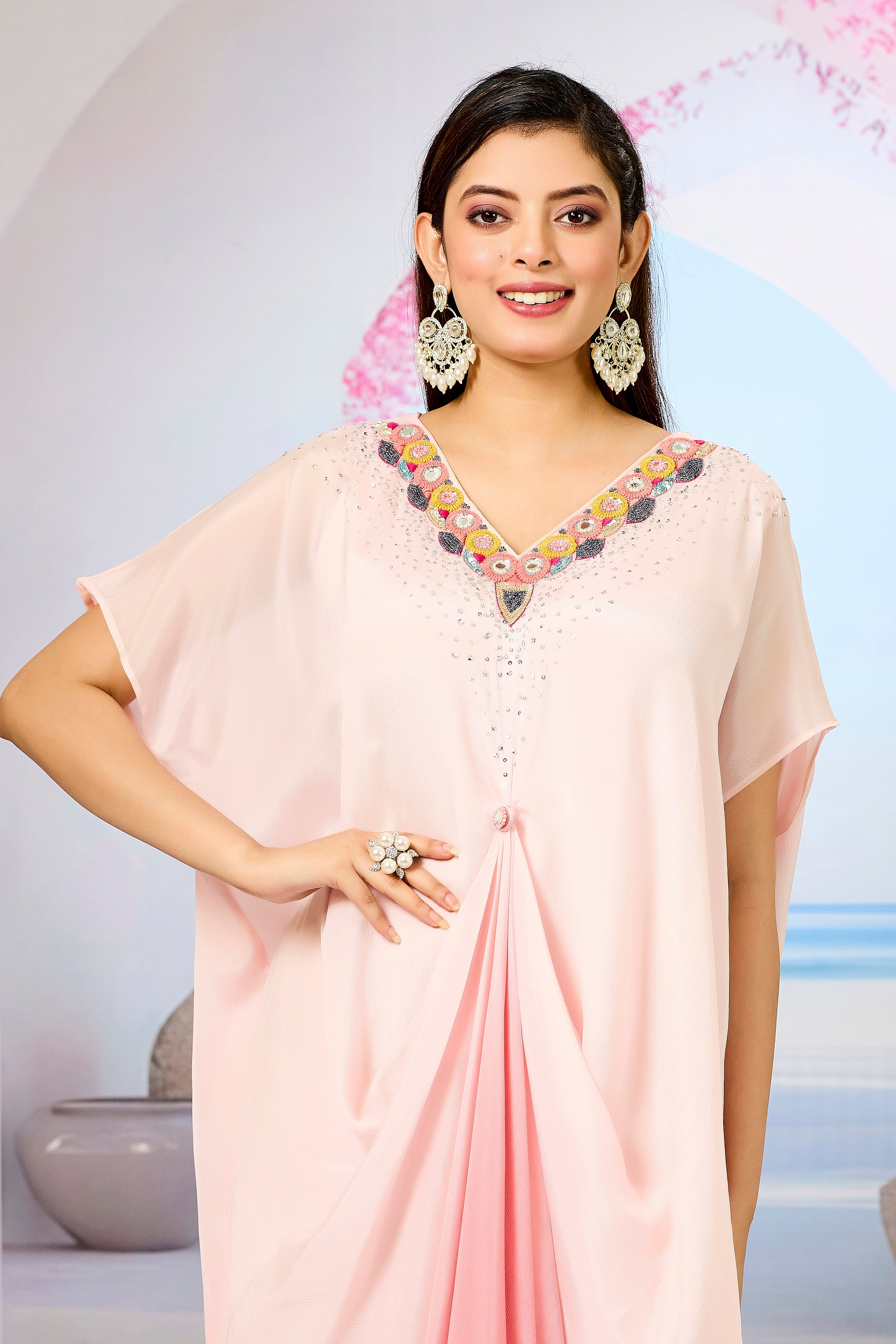 Peach Ombre-Dyed Chinon Silk Kaftan Gown