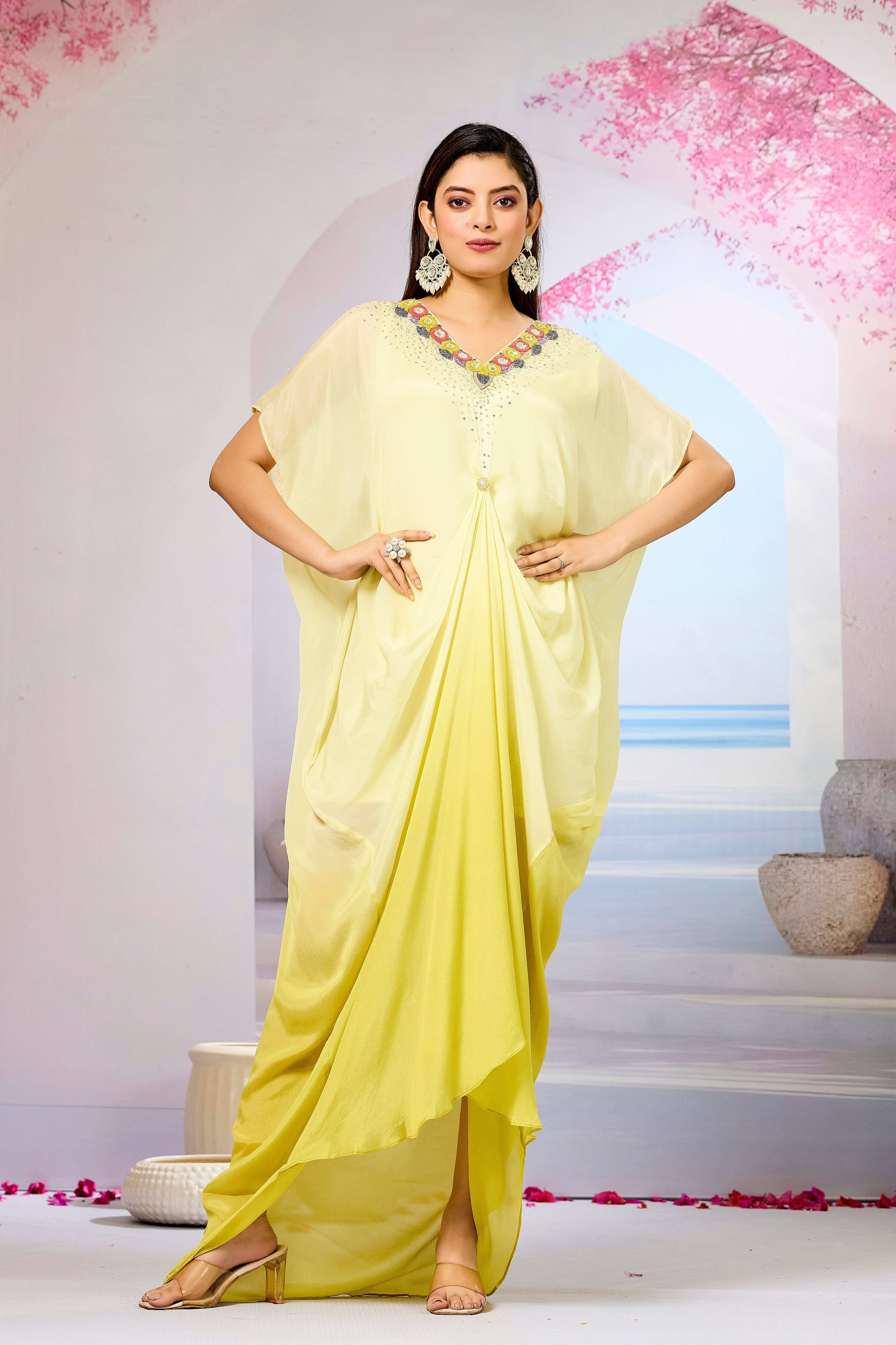 Yellow Ombre-Dyed Chinon Silk Kaftan Gown