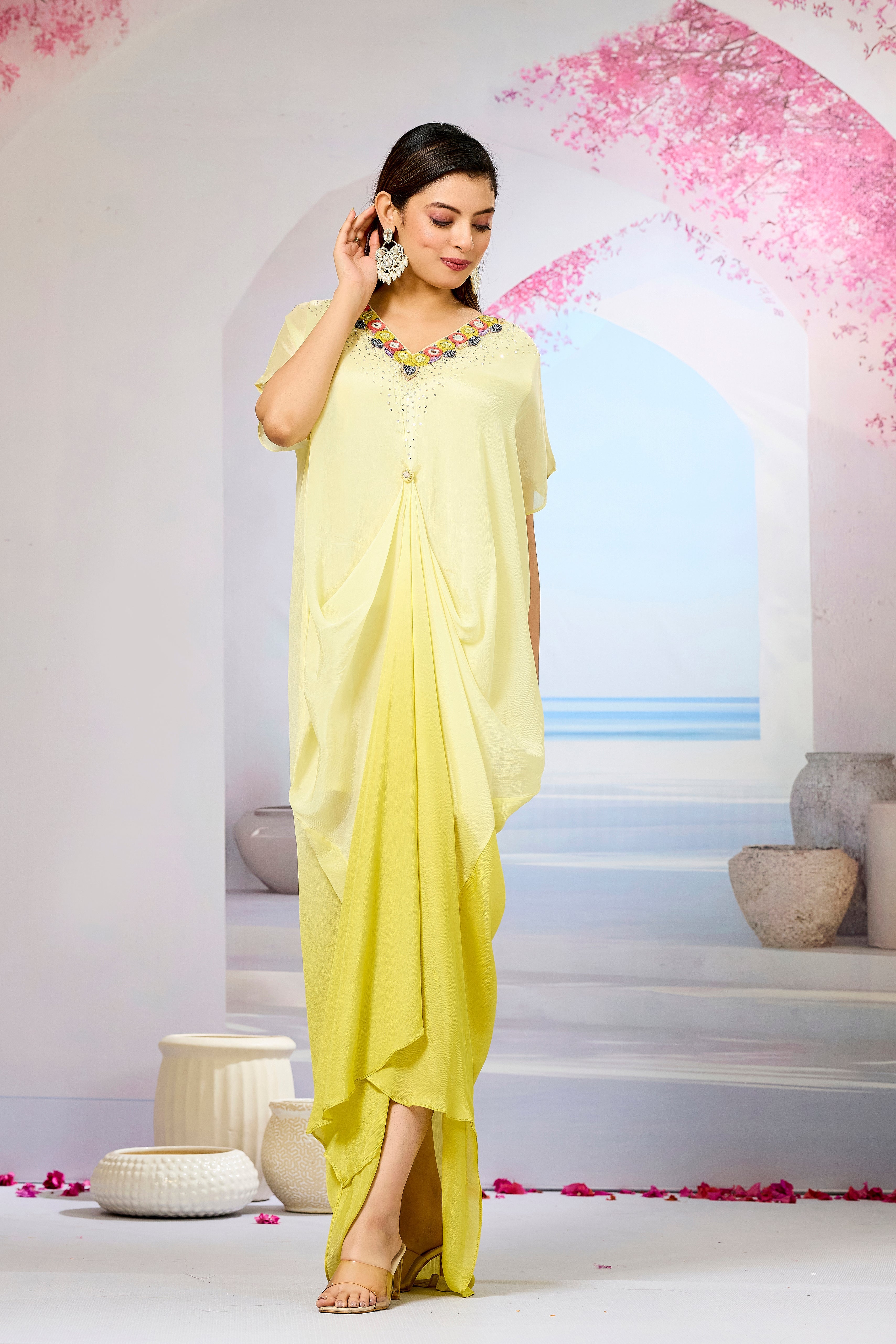 Yellow Ombre-Dyed Chinon Silk Kaftan Gown