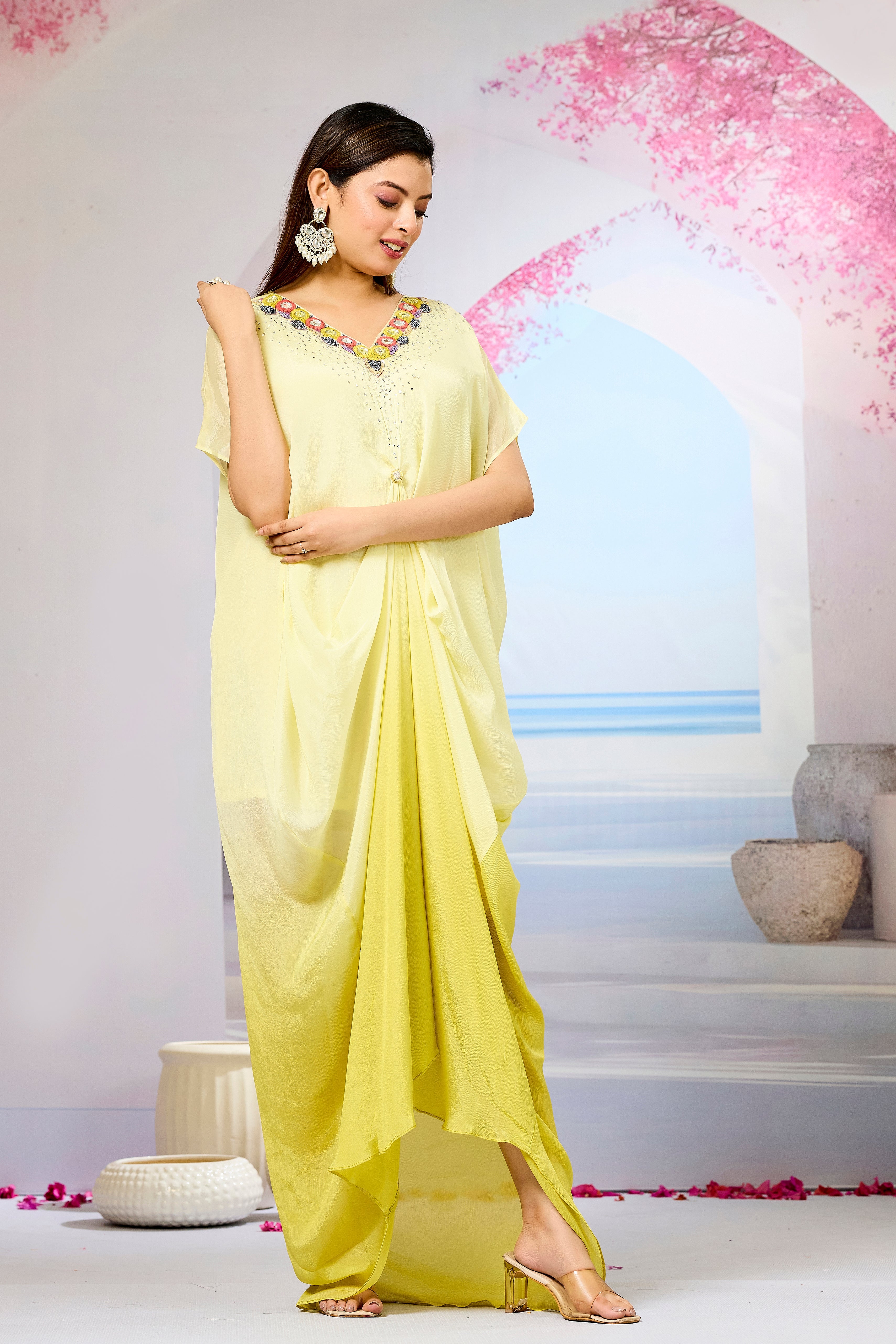 Yellow Ombre-Dyed Chinon Silk Kaftan Gown