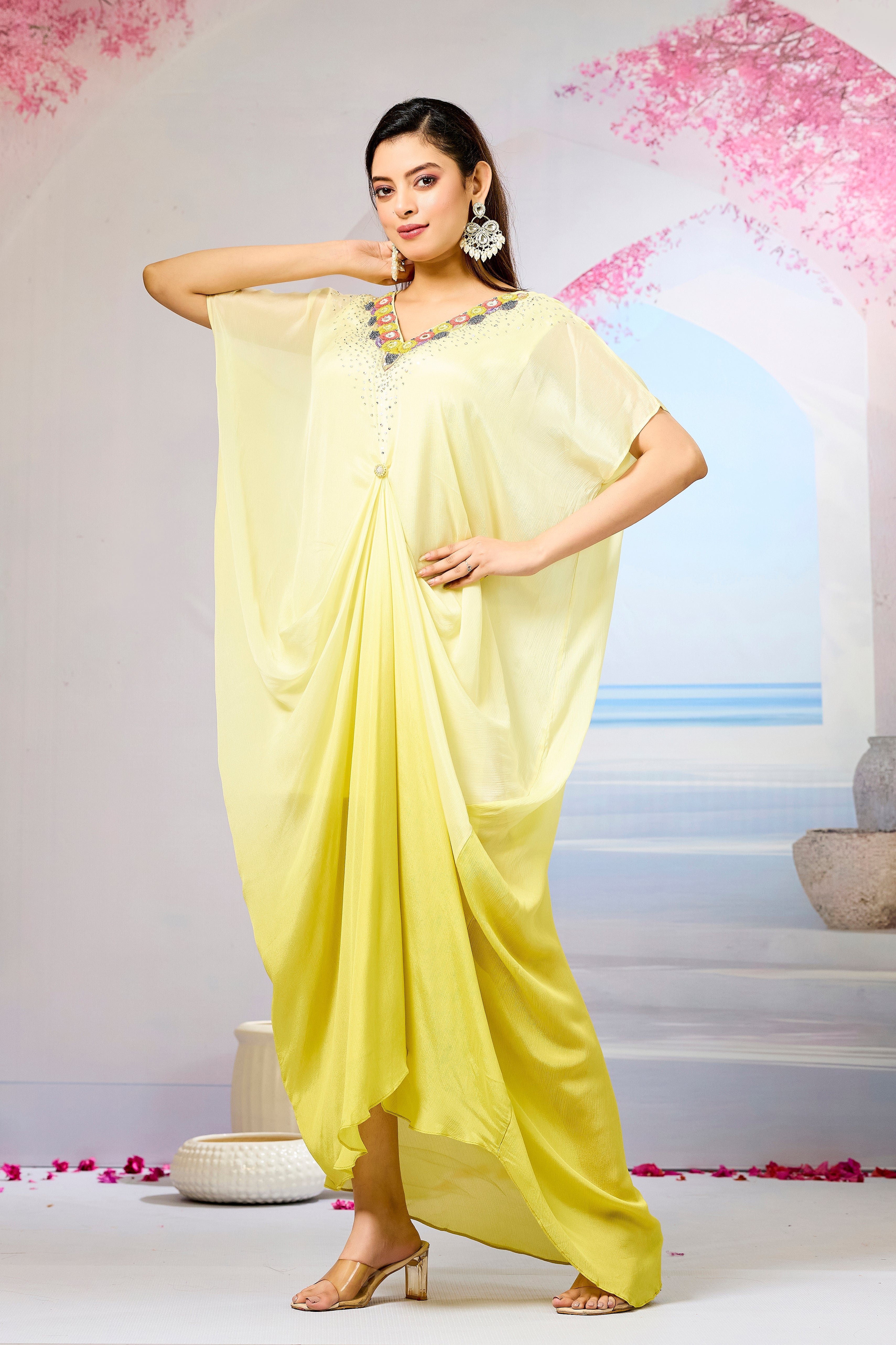 Yellow Ombre-Dyed Chinon Silk Kaftan Gown