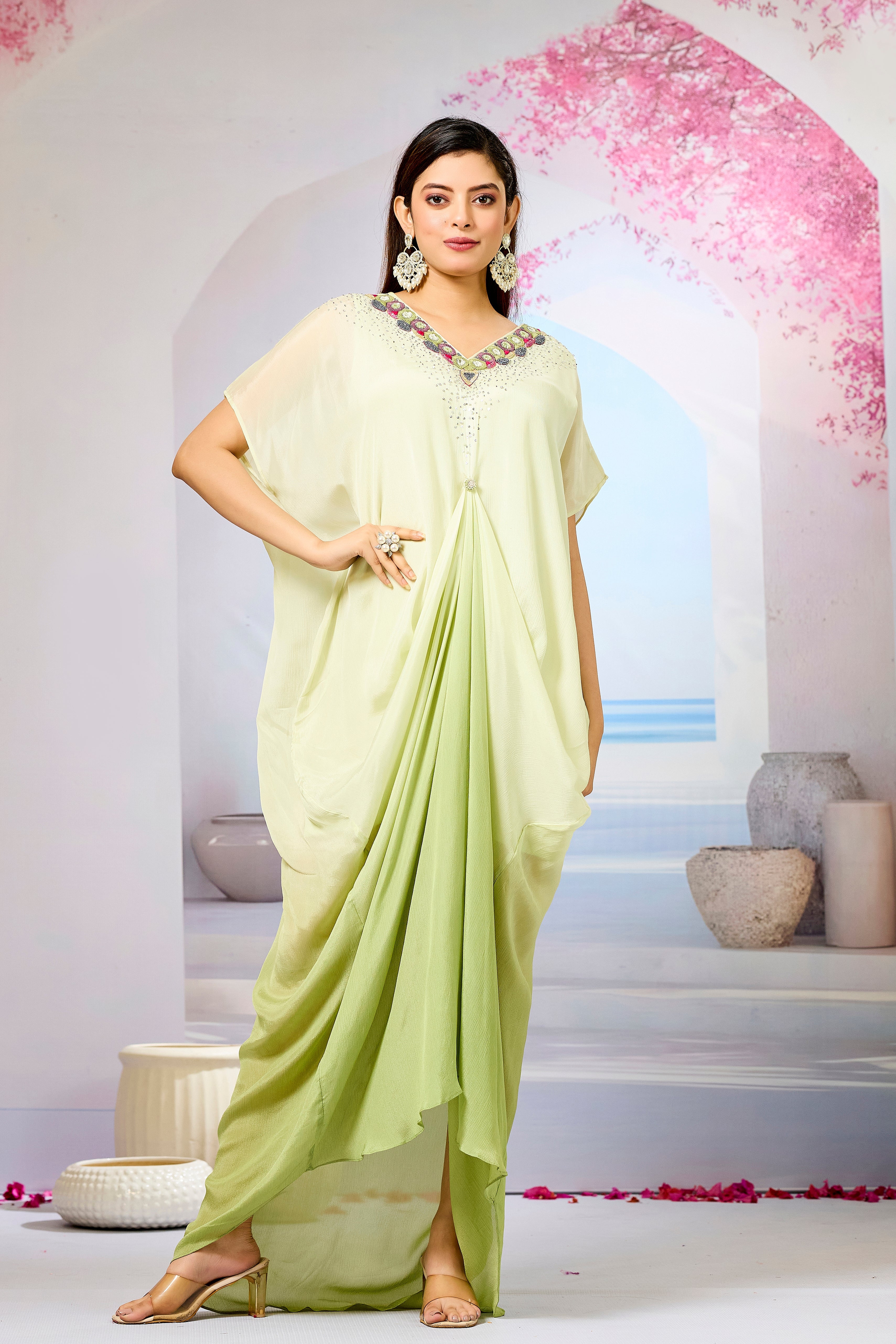 Green Ombre-Dyed Chinon Silk Kaftan Gown