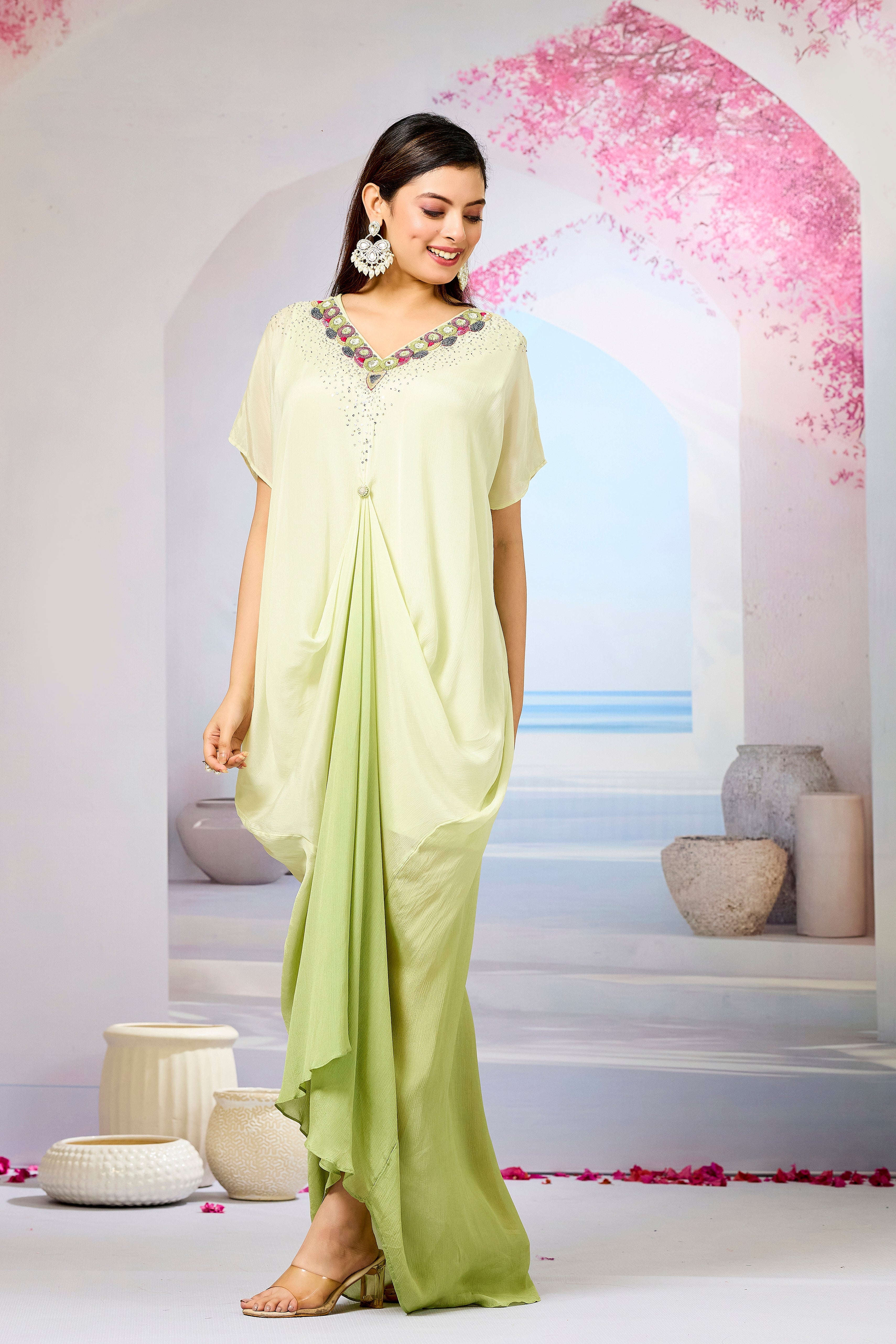 Green Ombre-Dyed Chinon Silk Kaftan Gown
