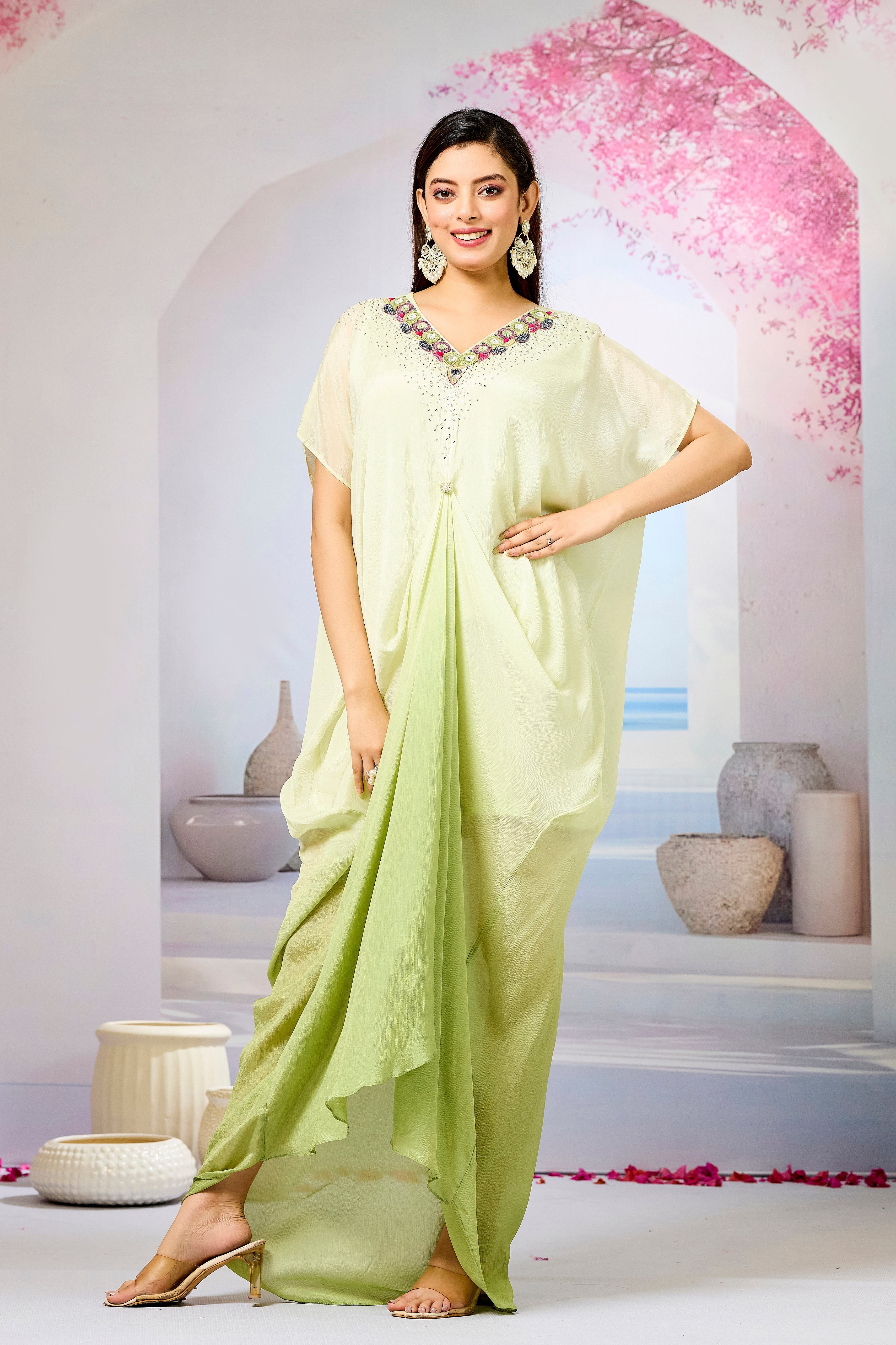Green Ombre-Dyed Chinon Silk Kaftan Gown