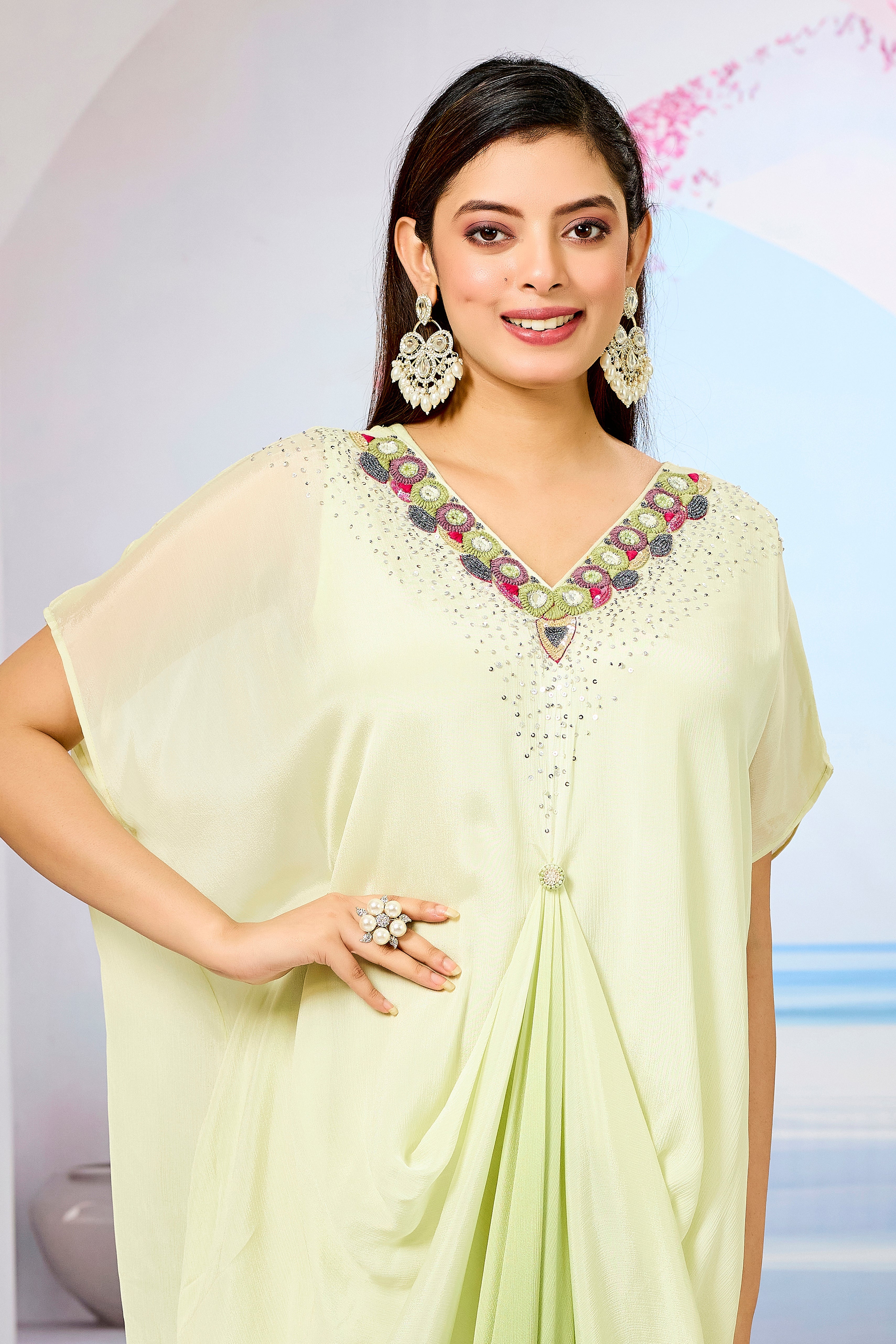 Green Ombre-Dyed Chinon Silk Kaftan Gown