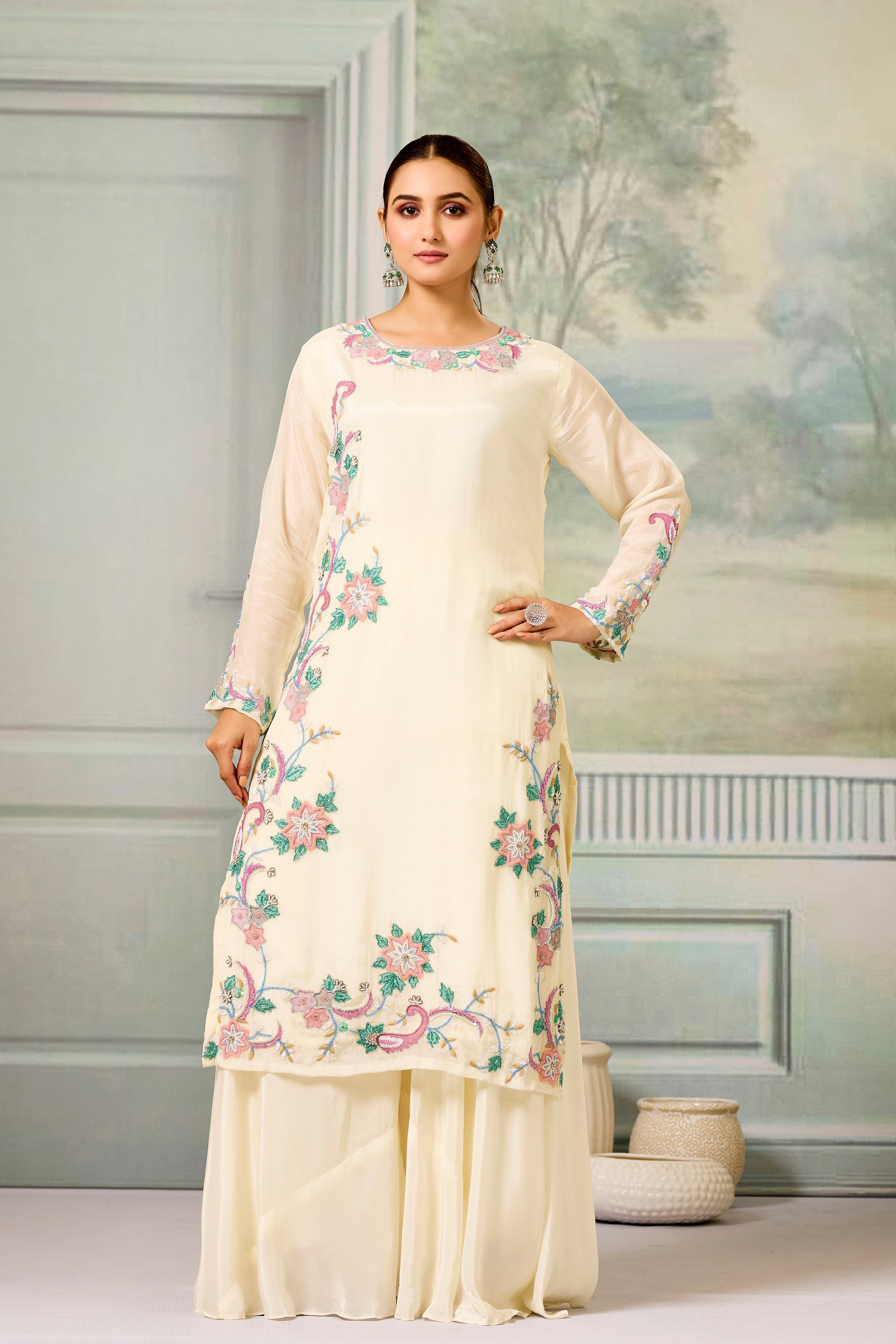 Cream Handwork Glass Organza Silk Palazzo Set