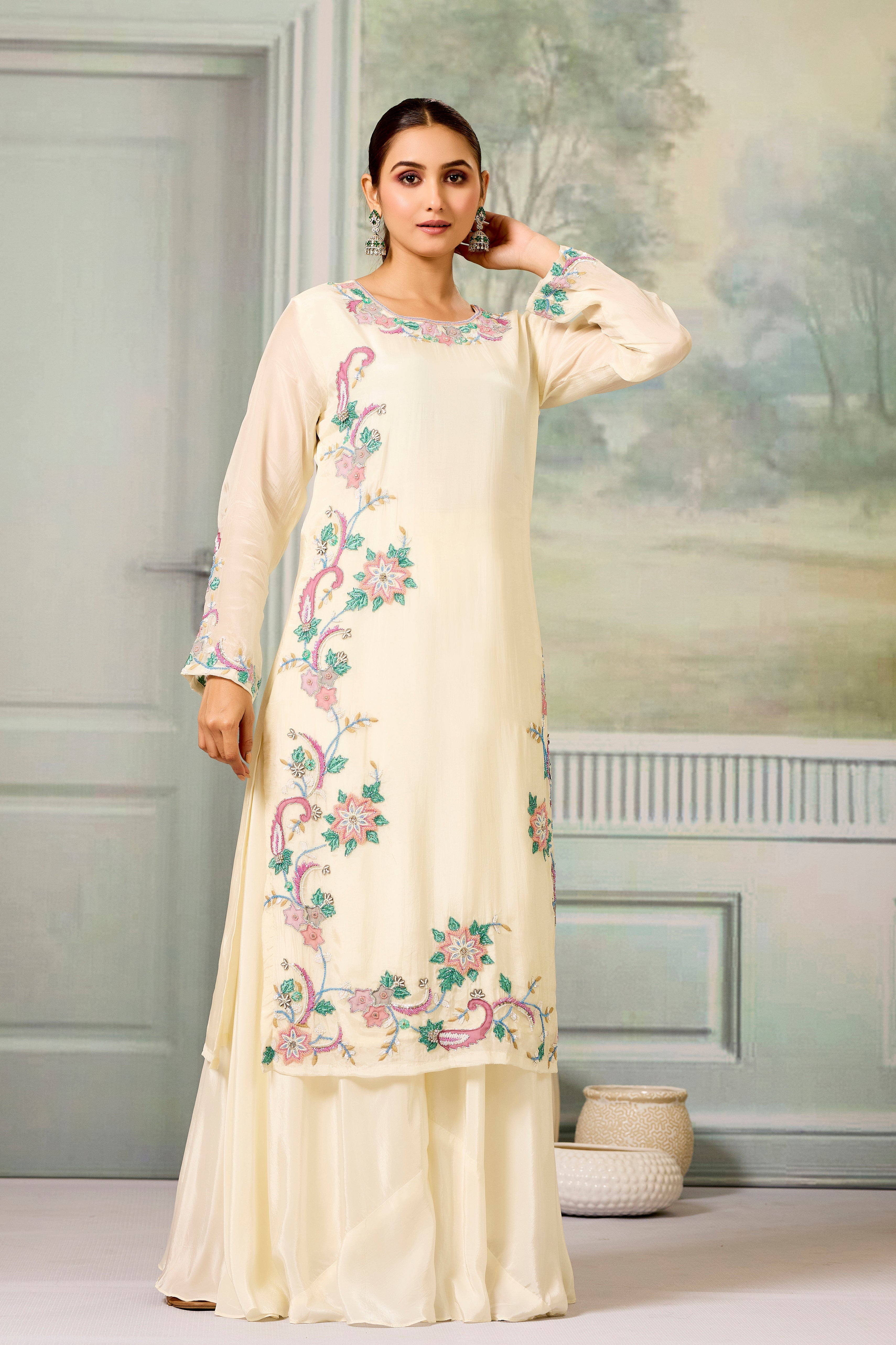 Cream Handwork Glass Organza Silk Palazzo Set