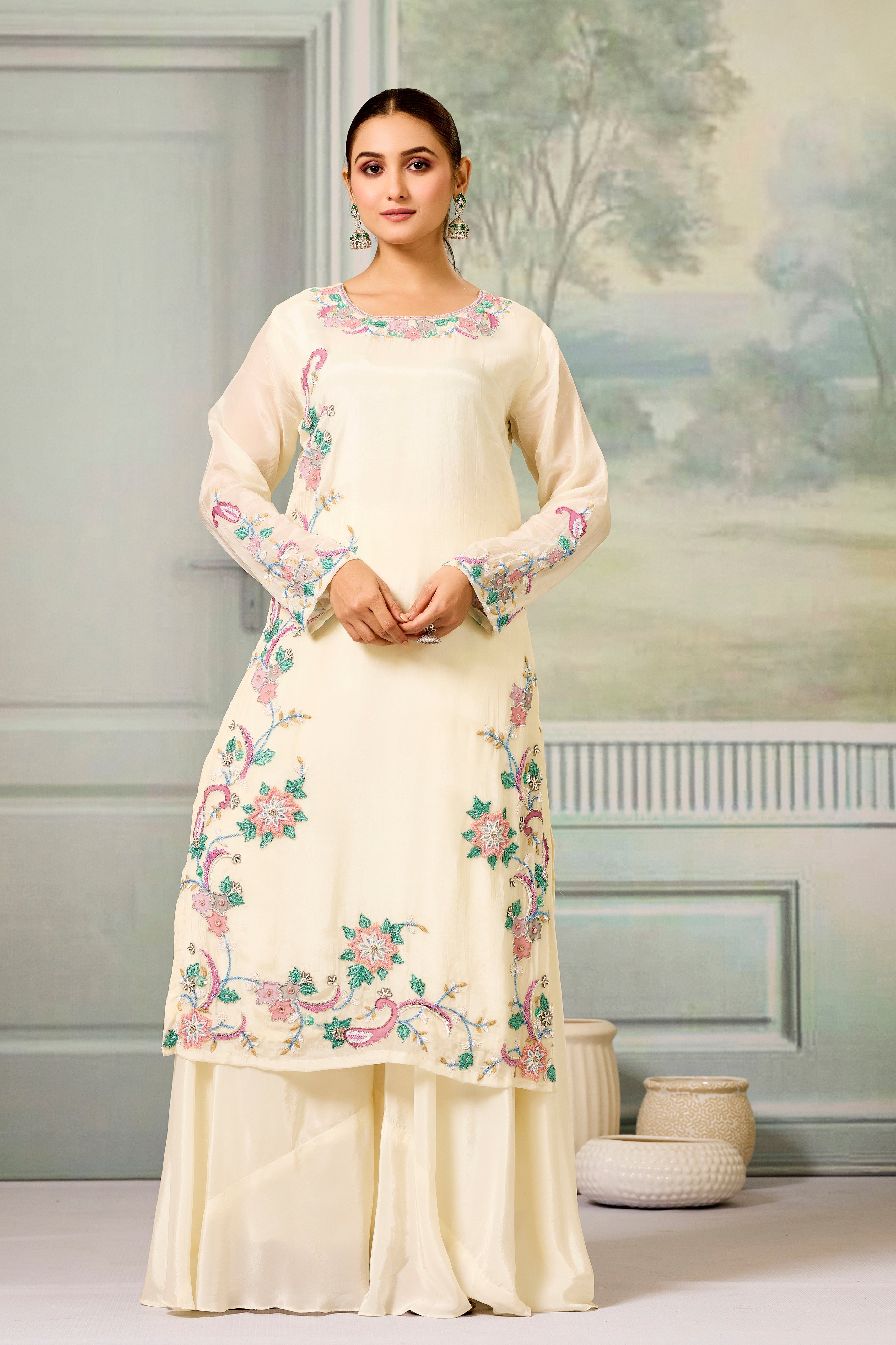 Cream Handwork Glass Organza Silk Palazzo Set