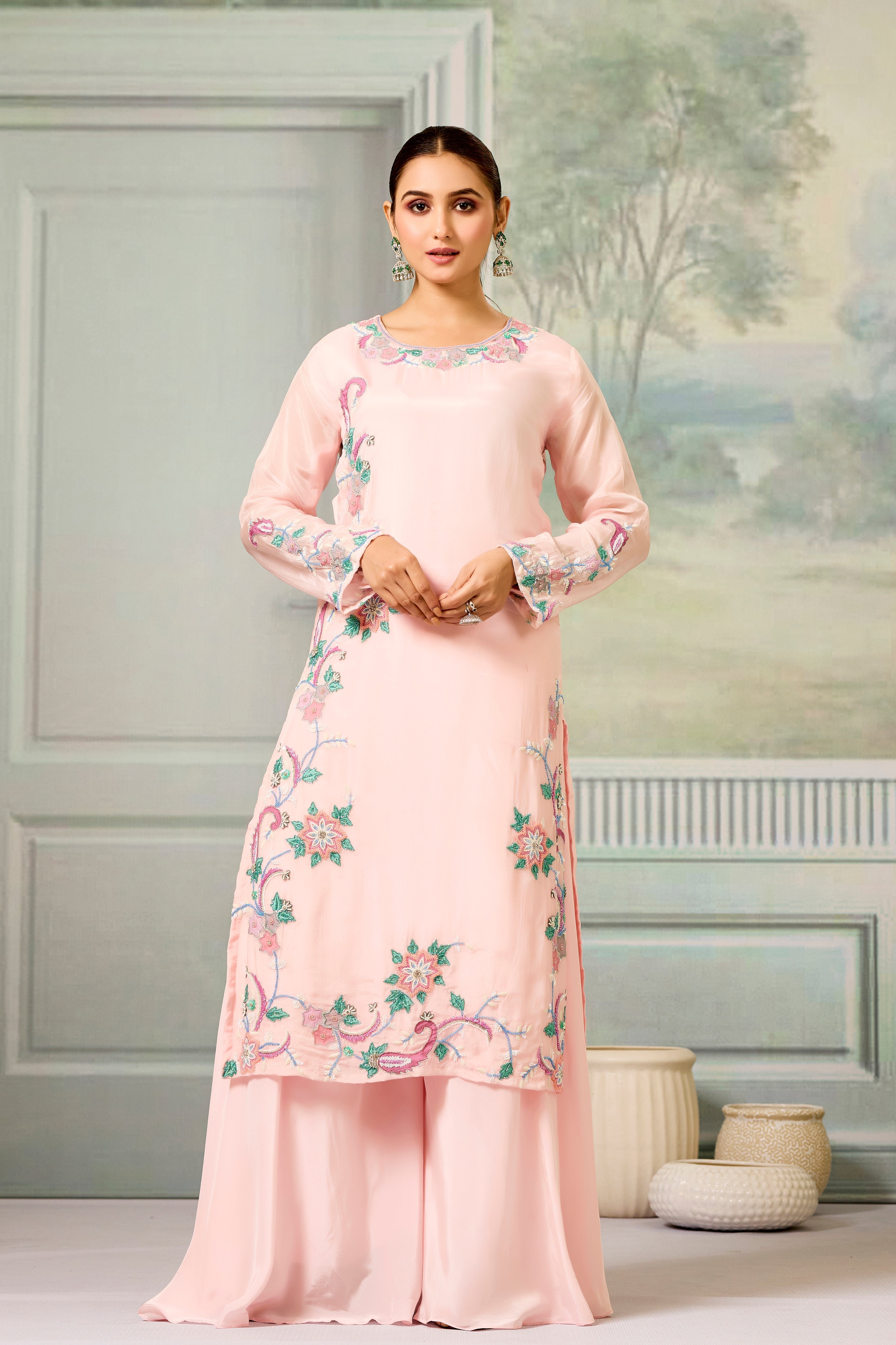 Pink Handwork Glass Organza Silk Palazzo Set