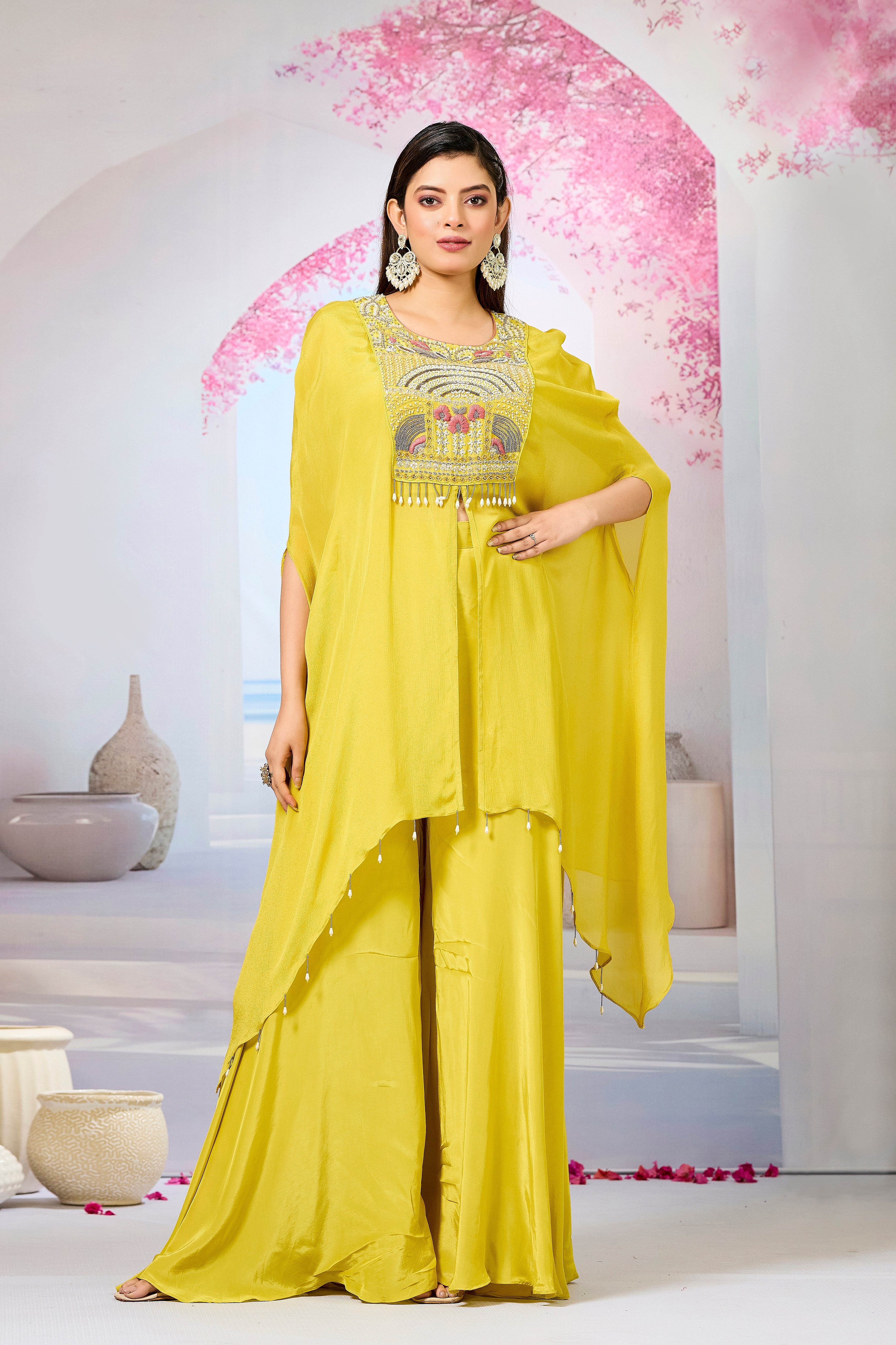 Yellow Embellished Chinon Silk Palazzo Set