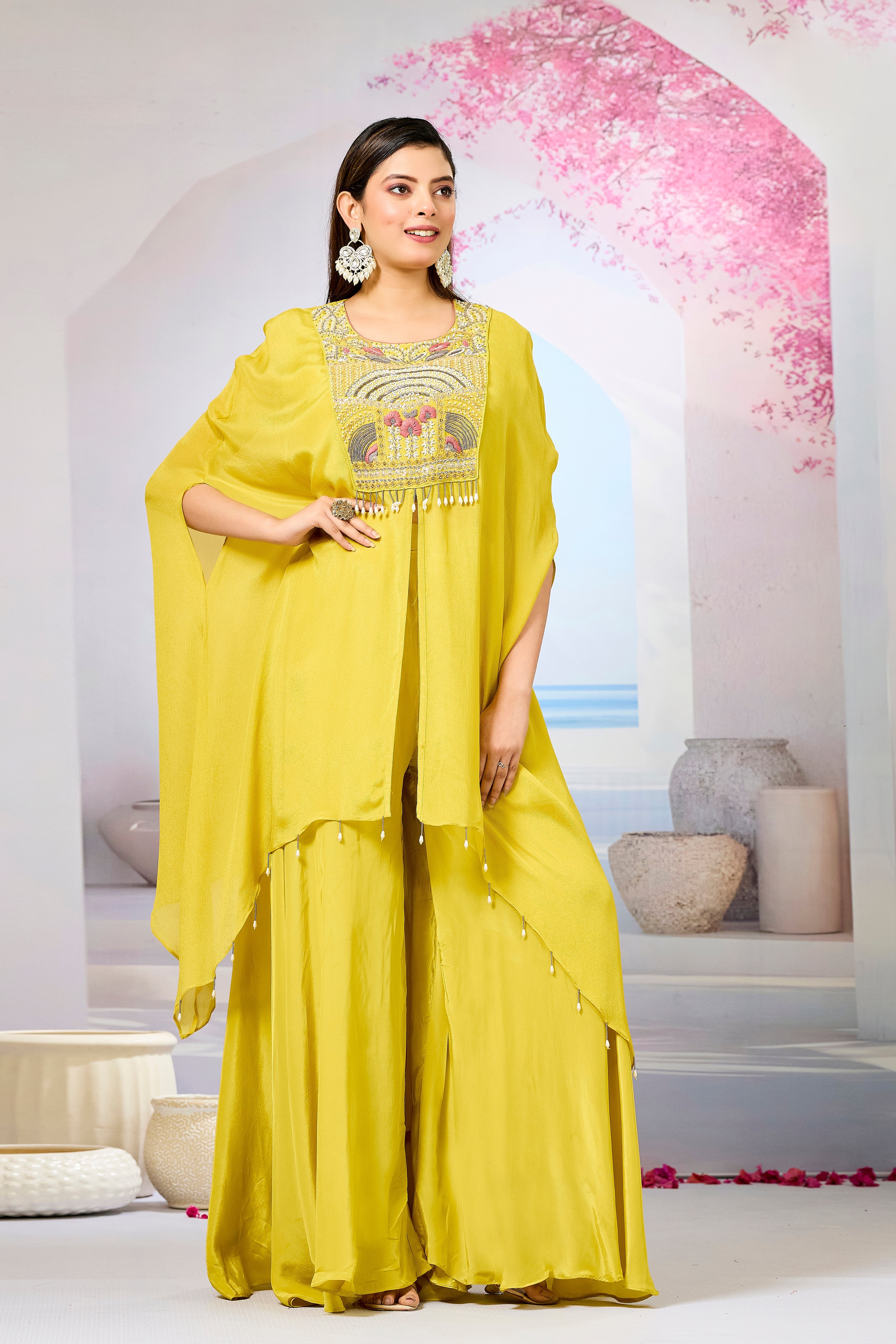 Yellow Embellished Chinon Silk Palazzo Set