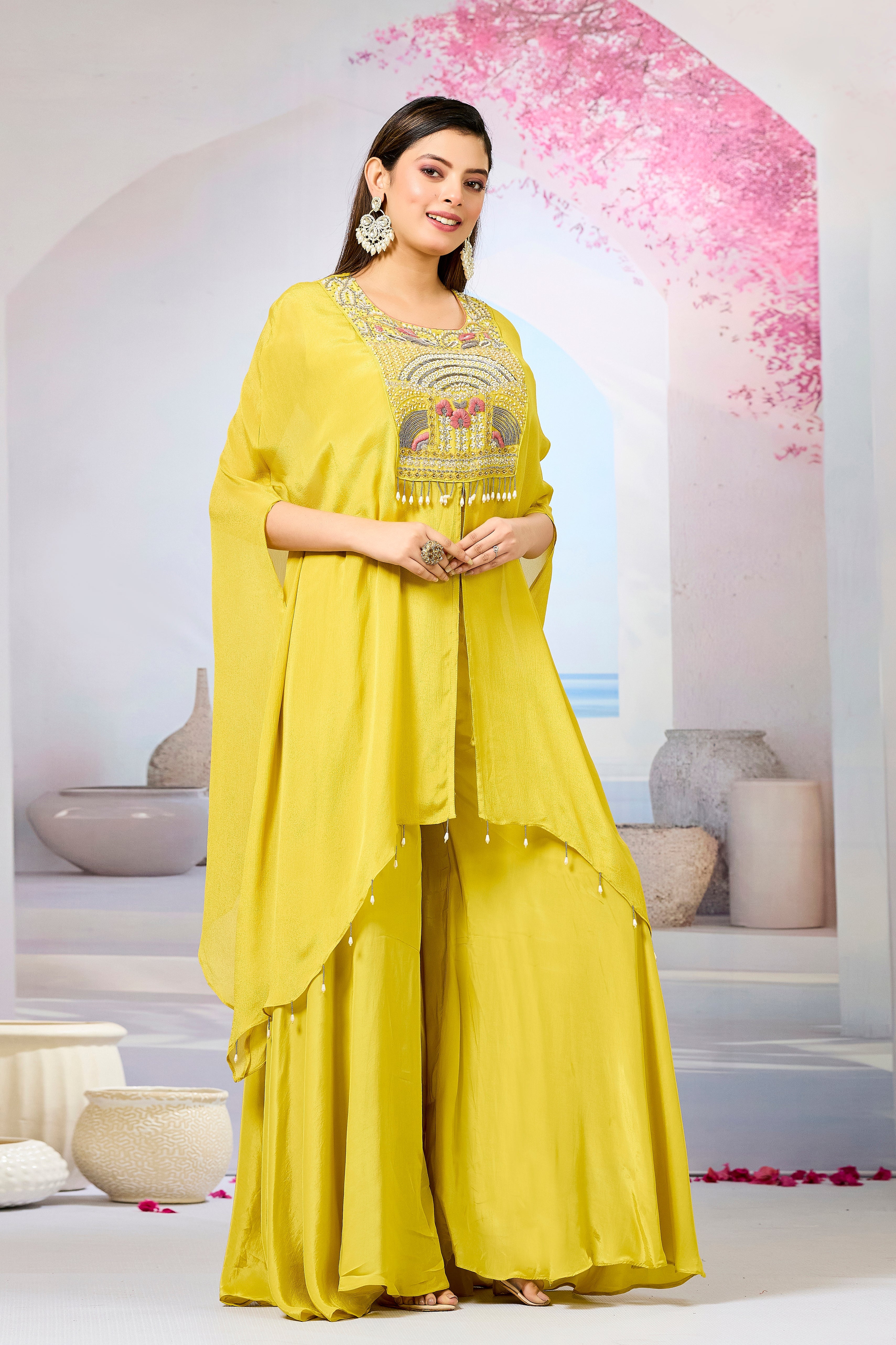 Yellow Embellished Chinon Silk Palazzo Set