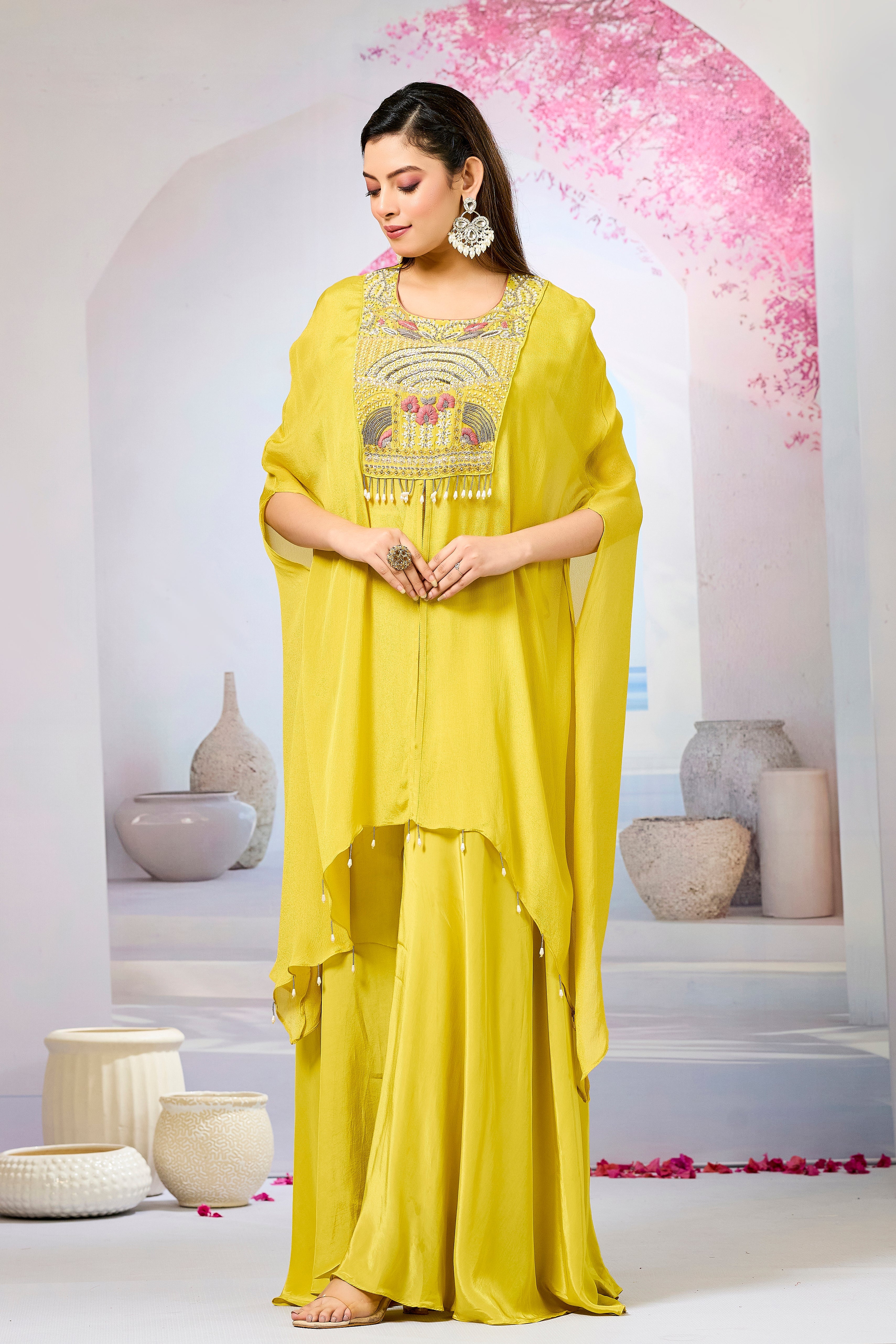 Yellow Embellished Chinon Silk Palazzo Set