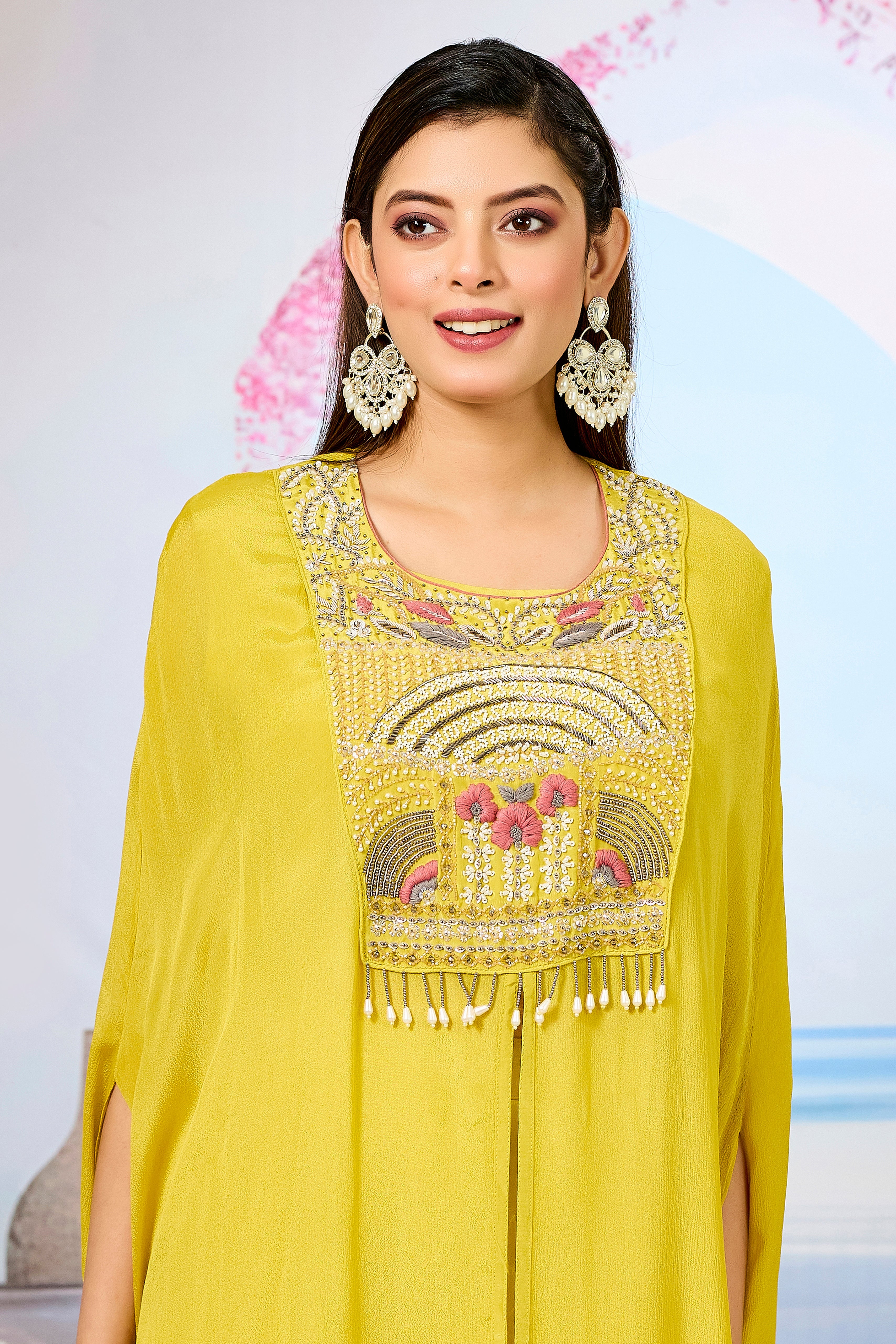 Yellow Embellished Chinon Silk Palazzo Set