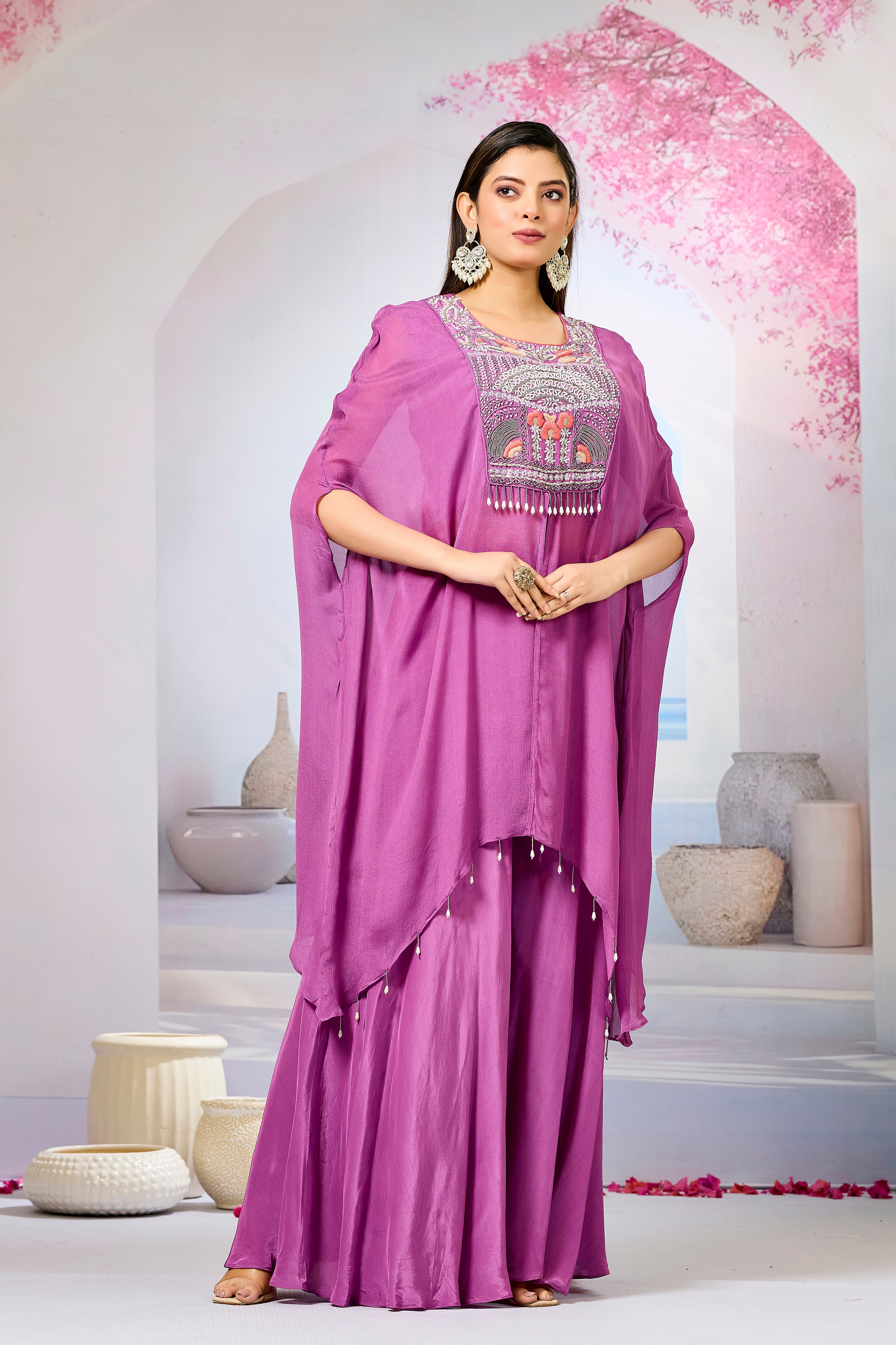 Pink Embellished Chinon Silk Palazzo Set