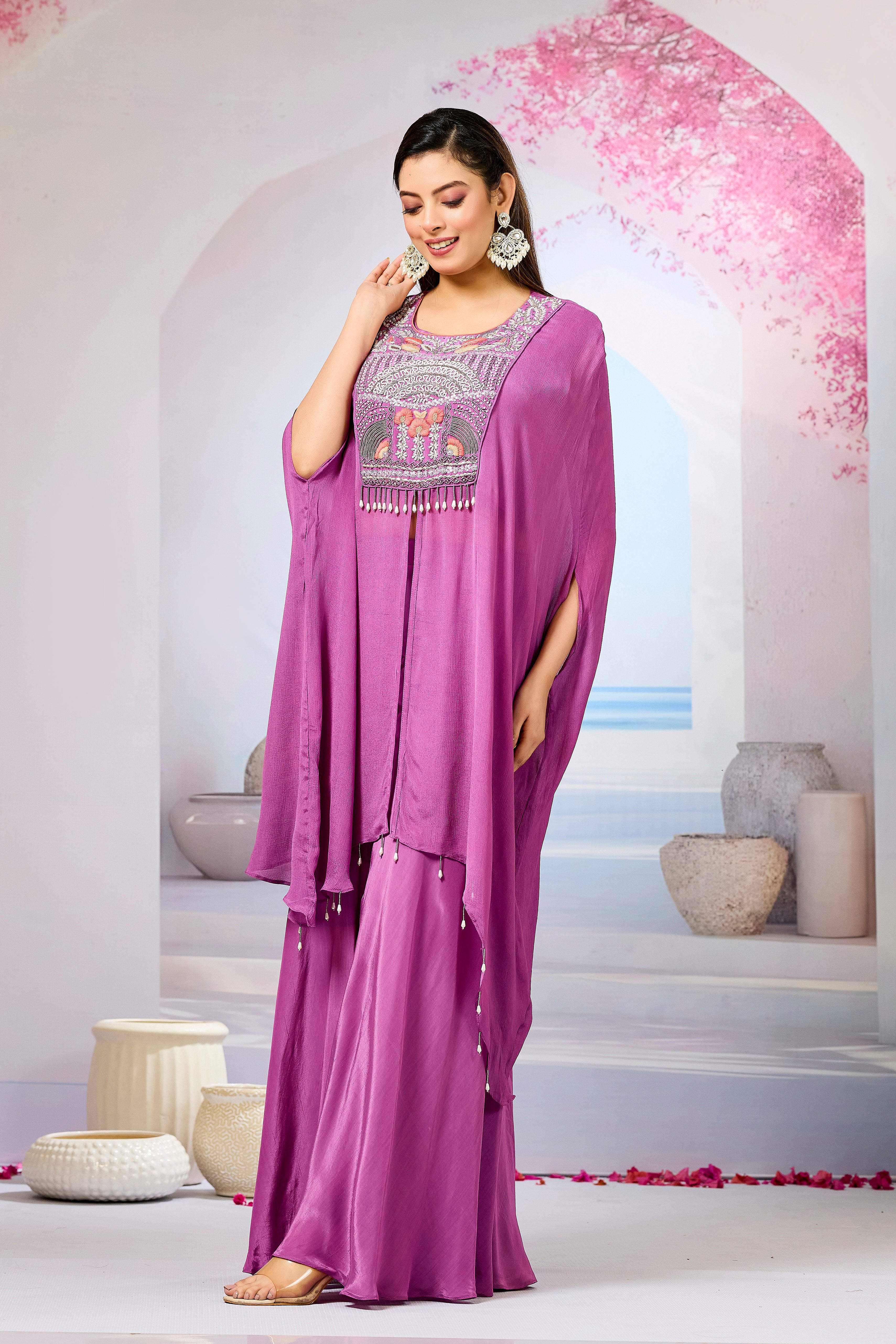 Pink Embellished Chinon Silk Palazzo Set