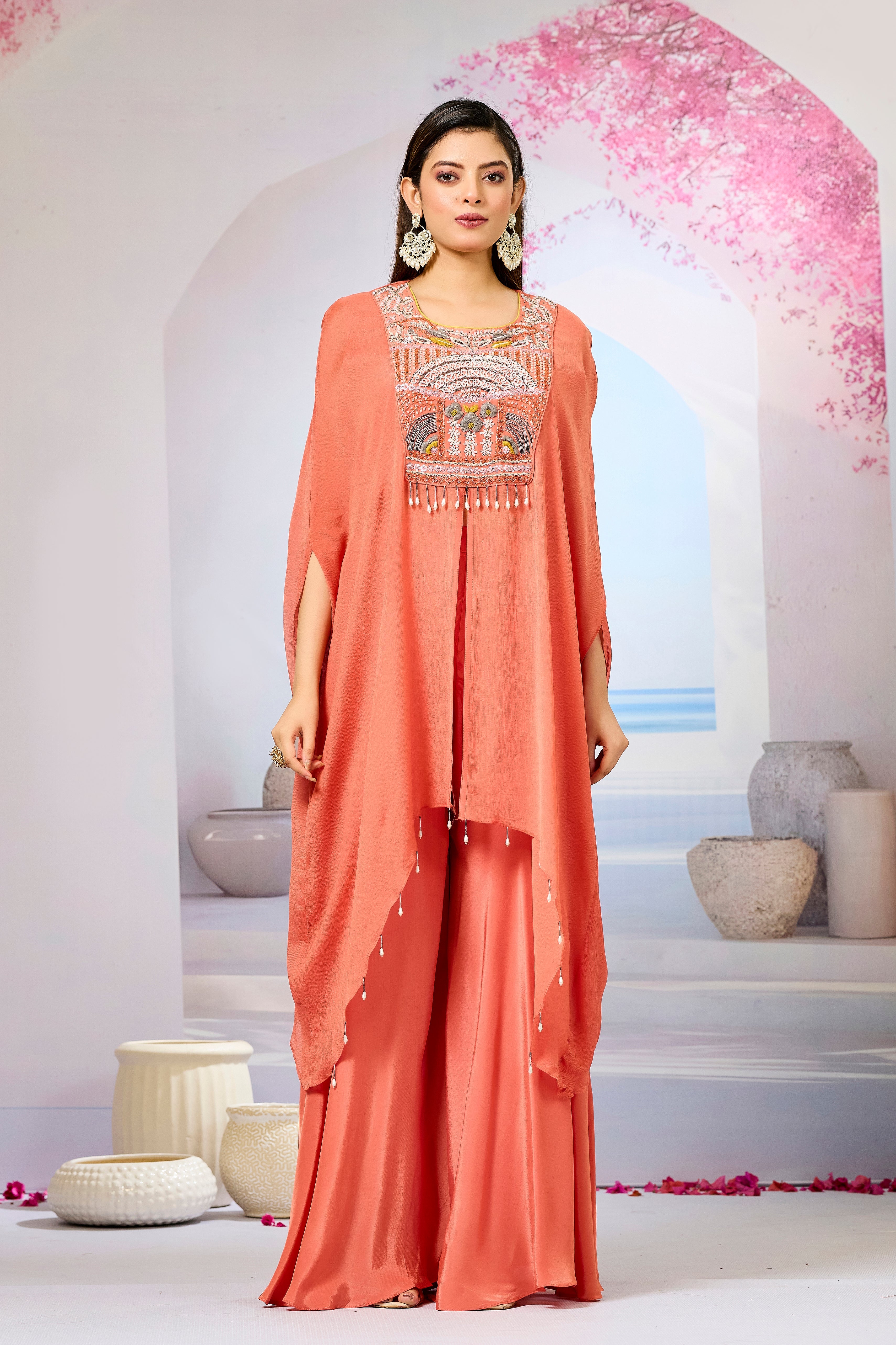 Peach Embellished Chinon Silk Palazzo Set
