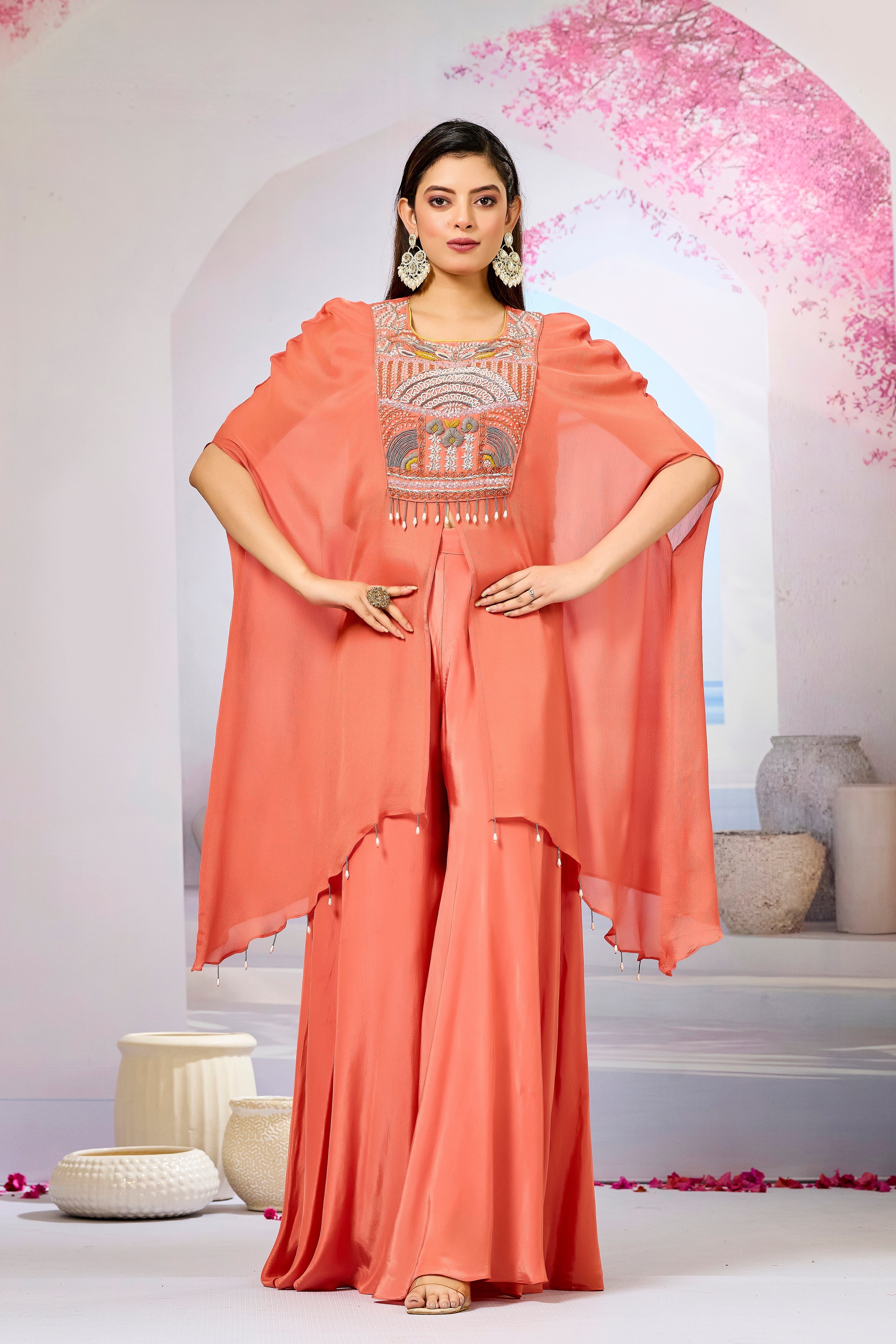 Peach Embellished Chinon Silk Palazzo Set
