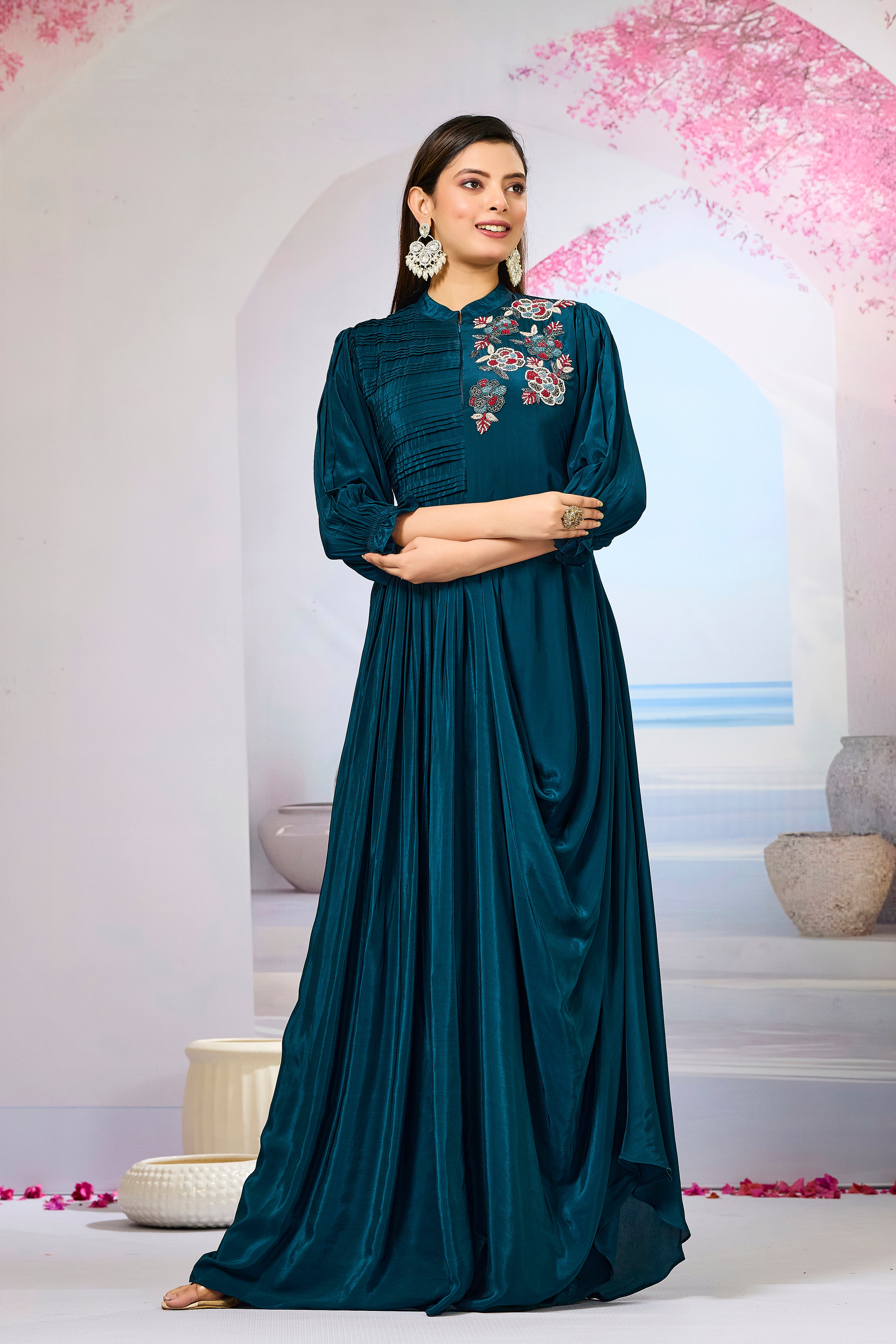 Deep Teal Crepe Silk Cowl Gown