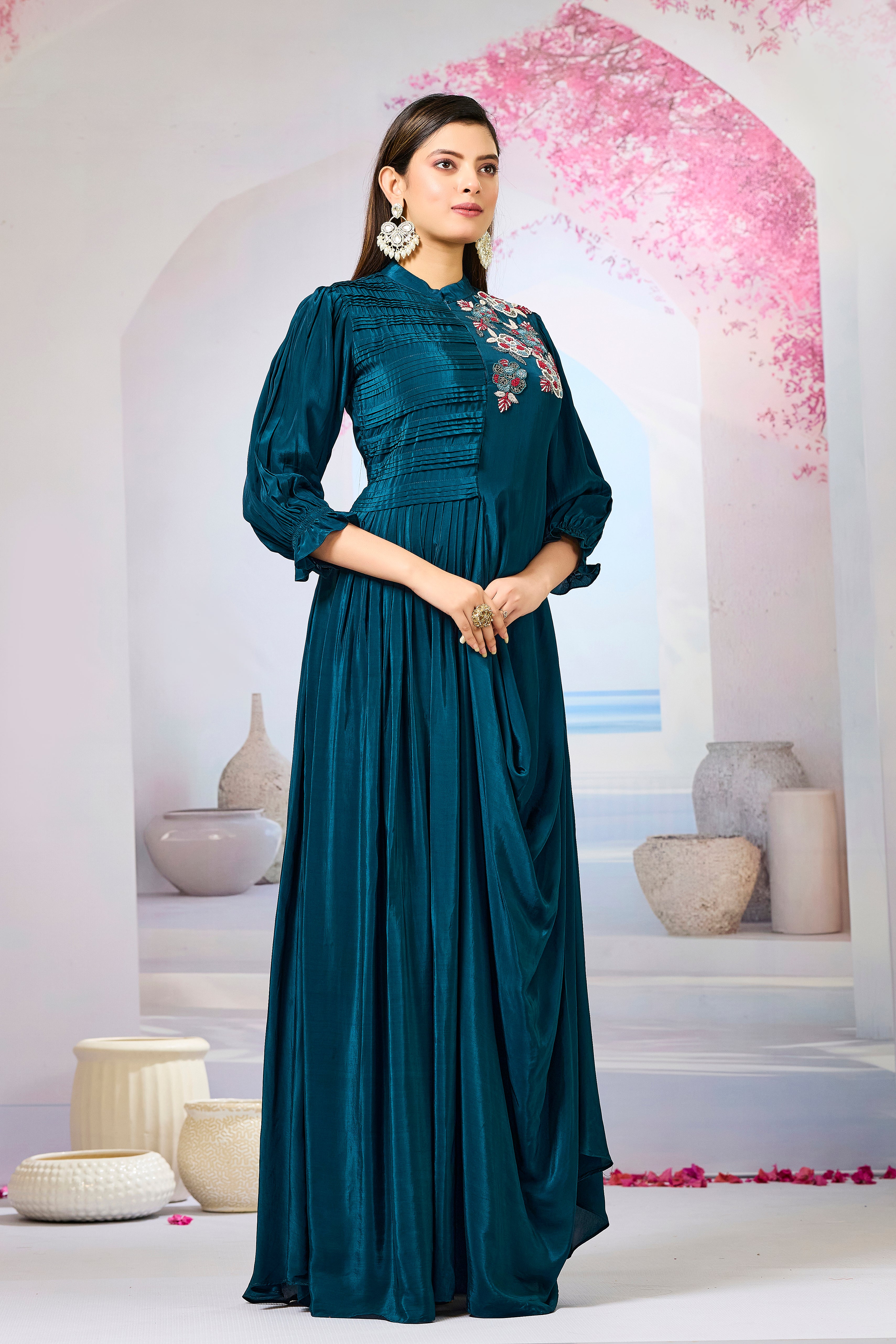 Deep Teal Crepe Silk Cowl Gown