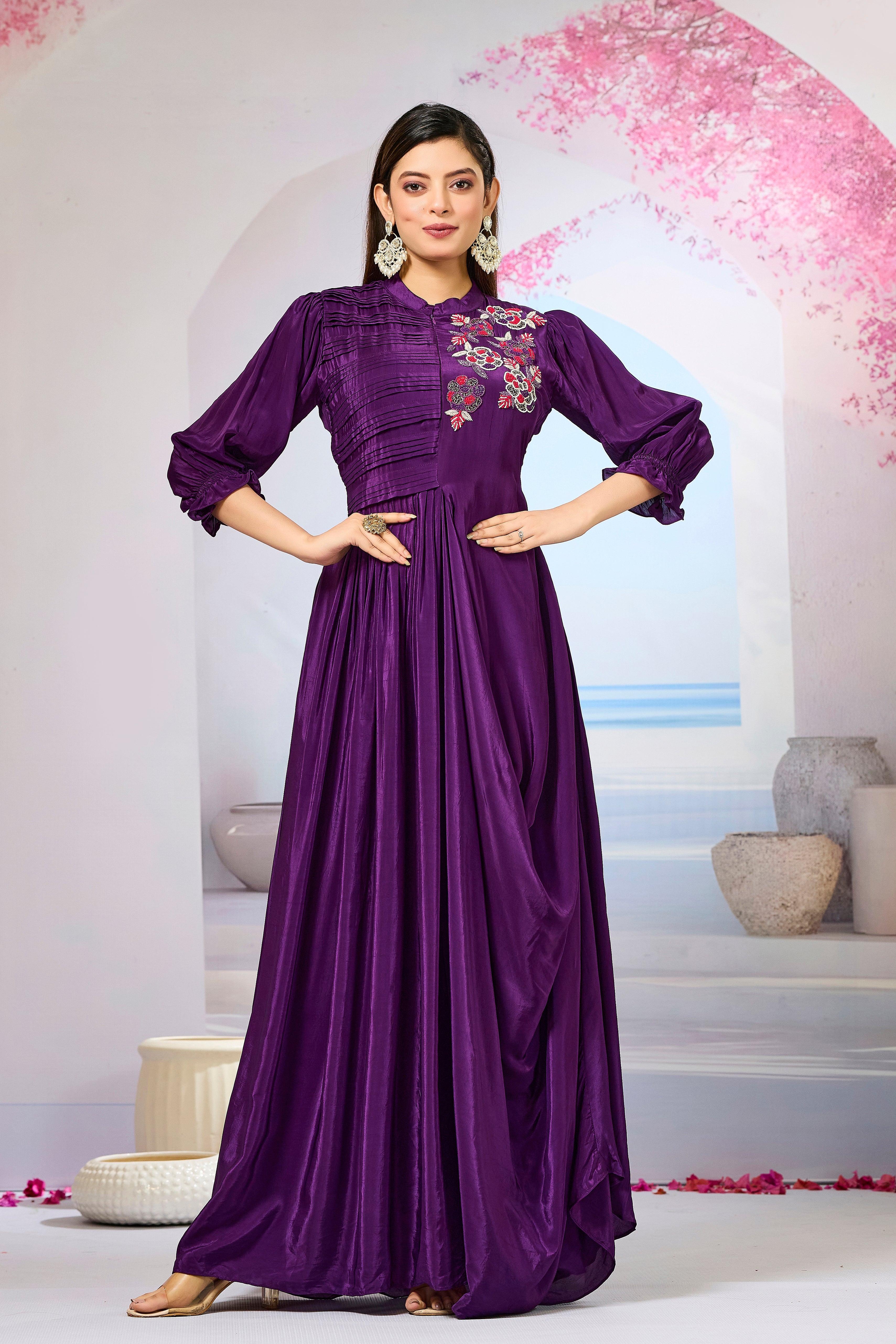 Violet Crepe Silk Cowl Gown