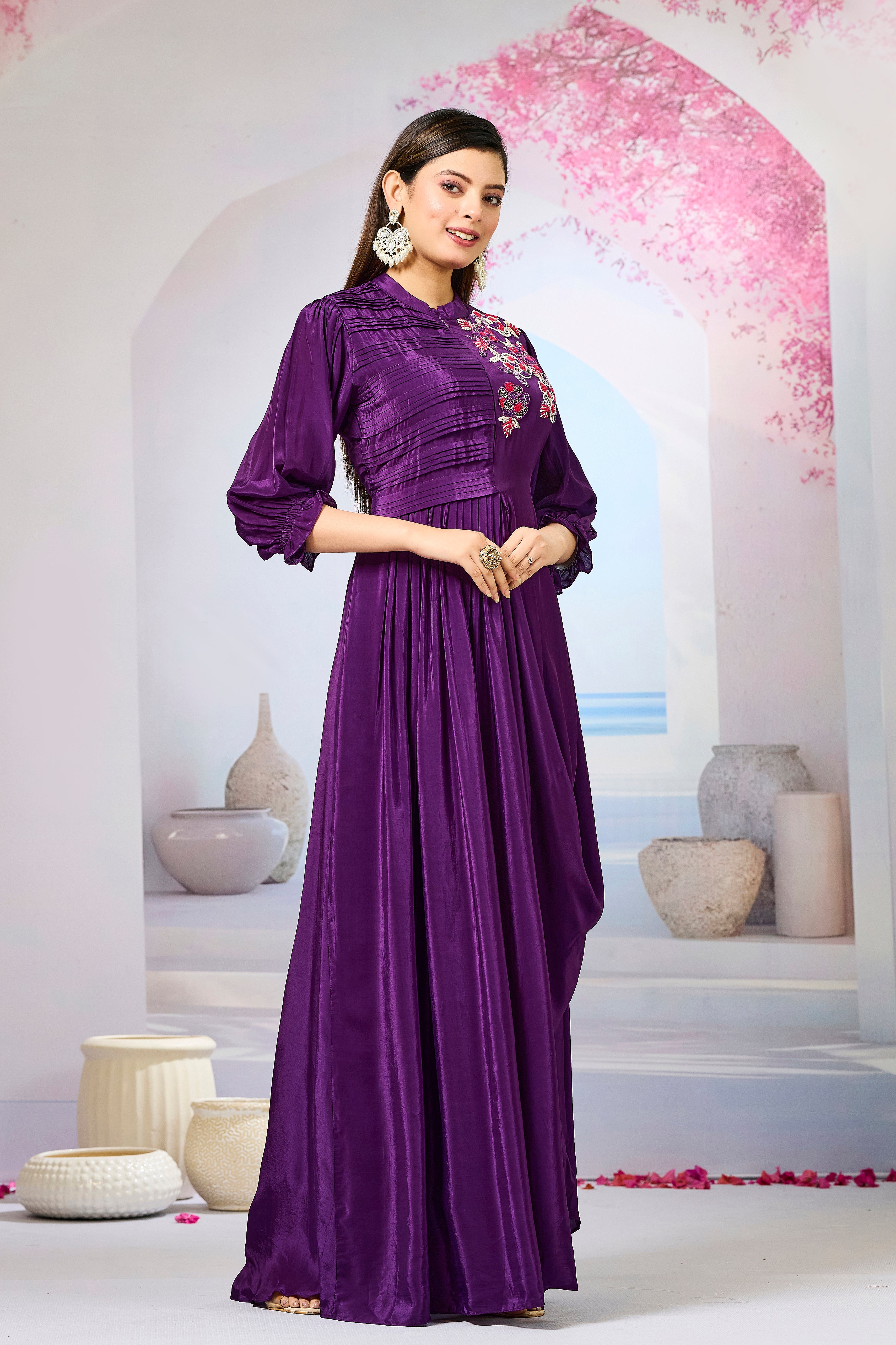 Violet Crepe Silk Cowl Gown