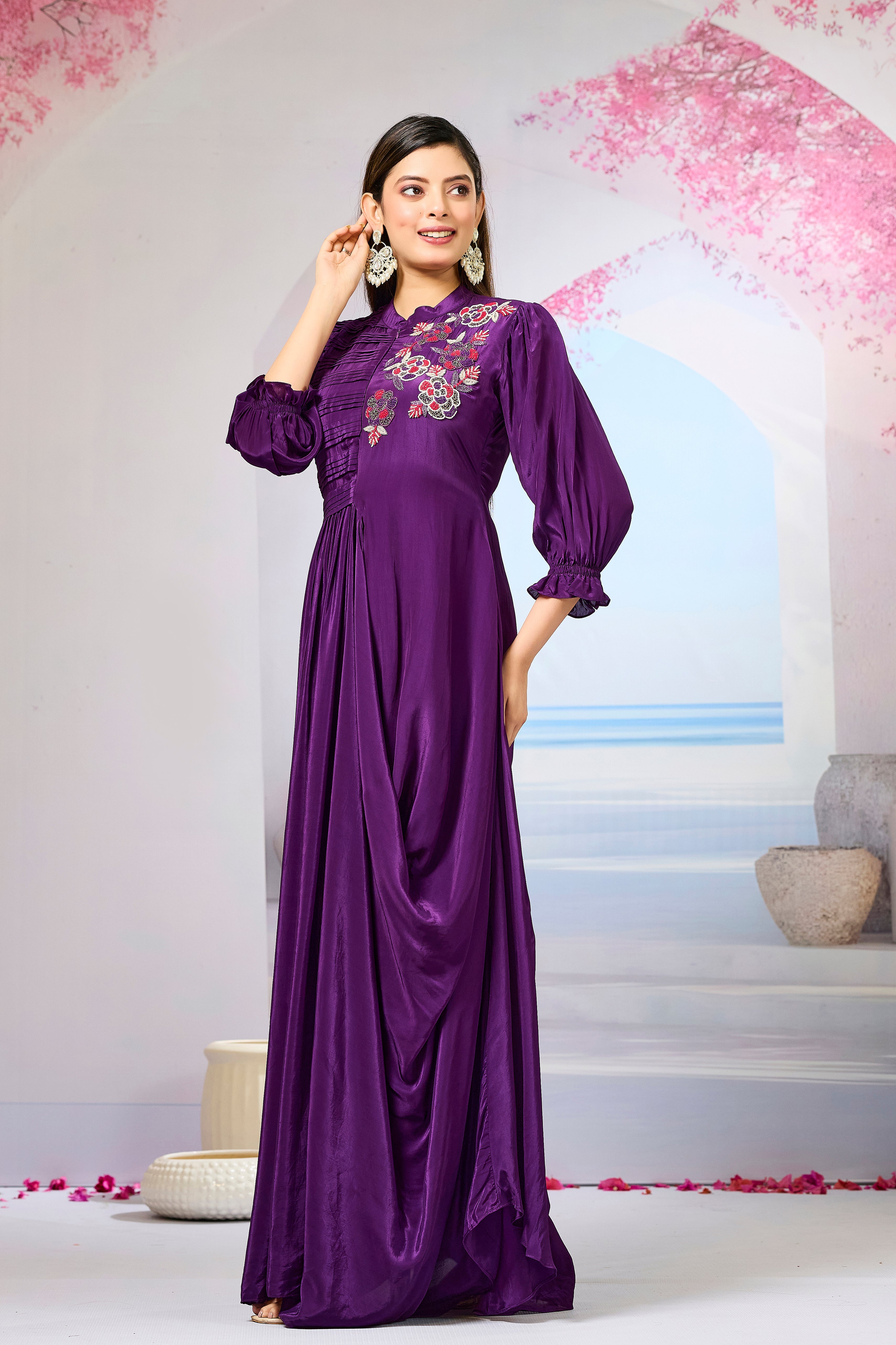 Violet Crepe Silk Cowl Gown