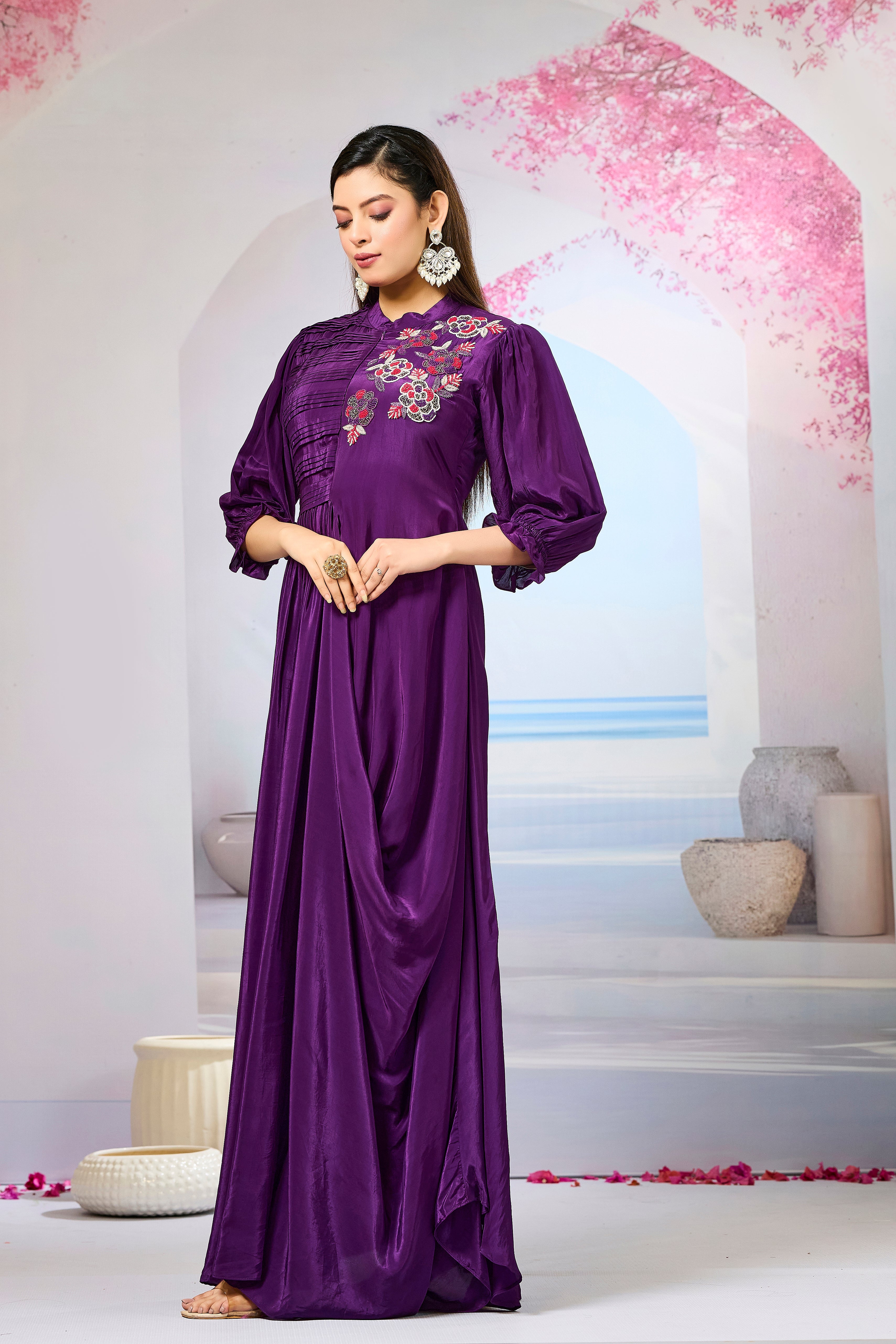 Violet Crepe Silk Cowl Gown