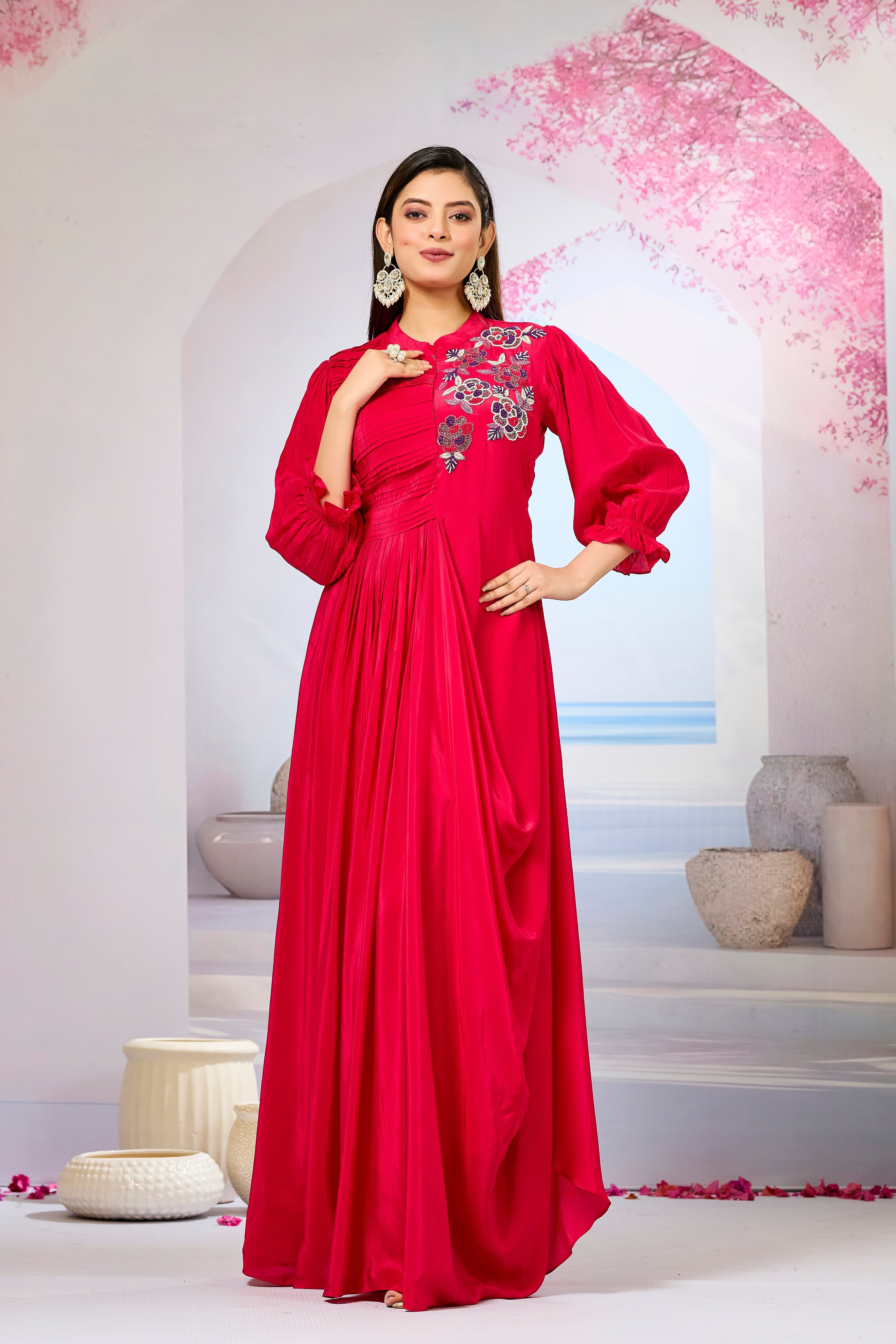 Red Crepe Silk Cowl Gown