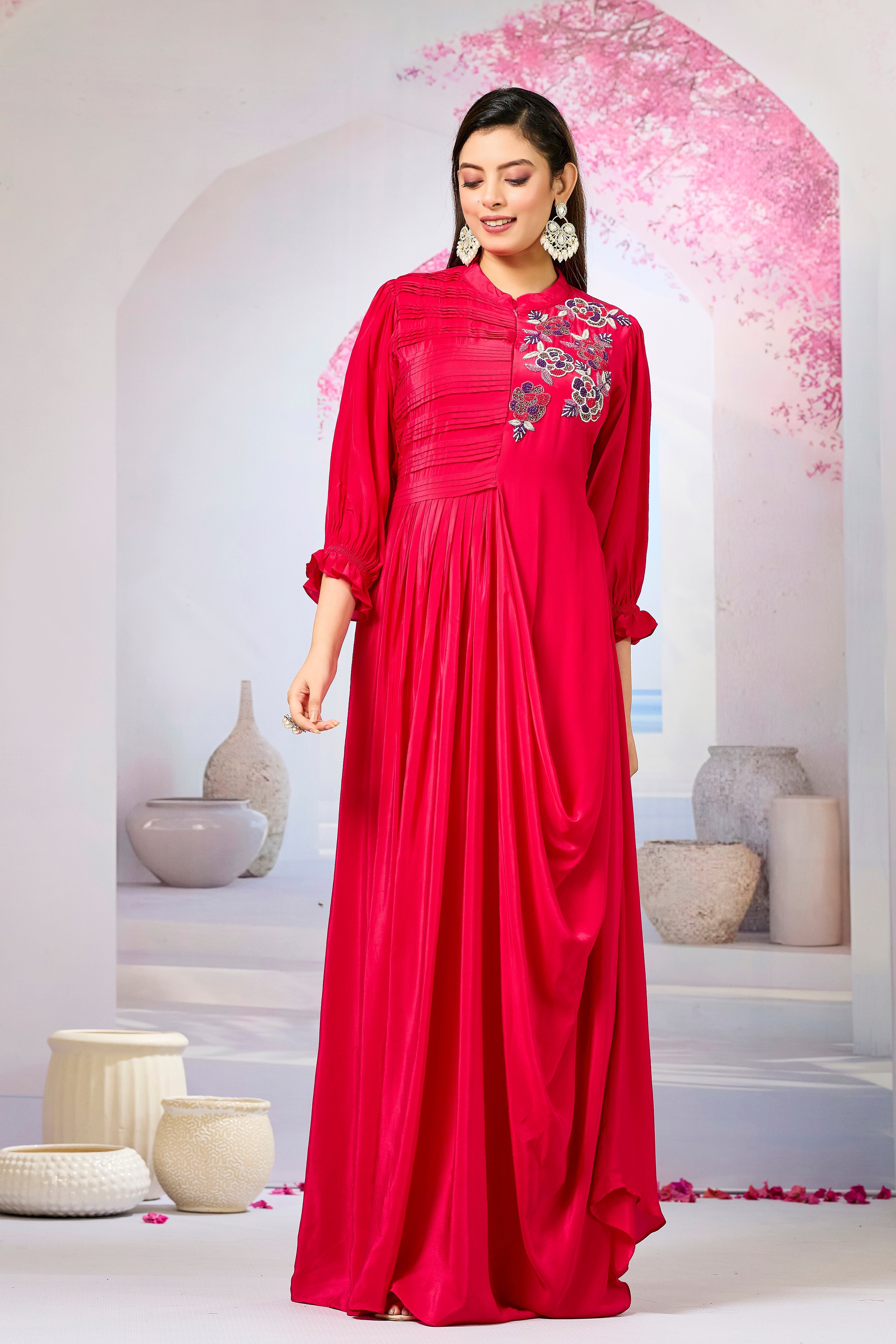 Red Crepe Silk Cowl Gown