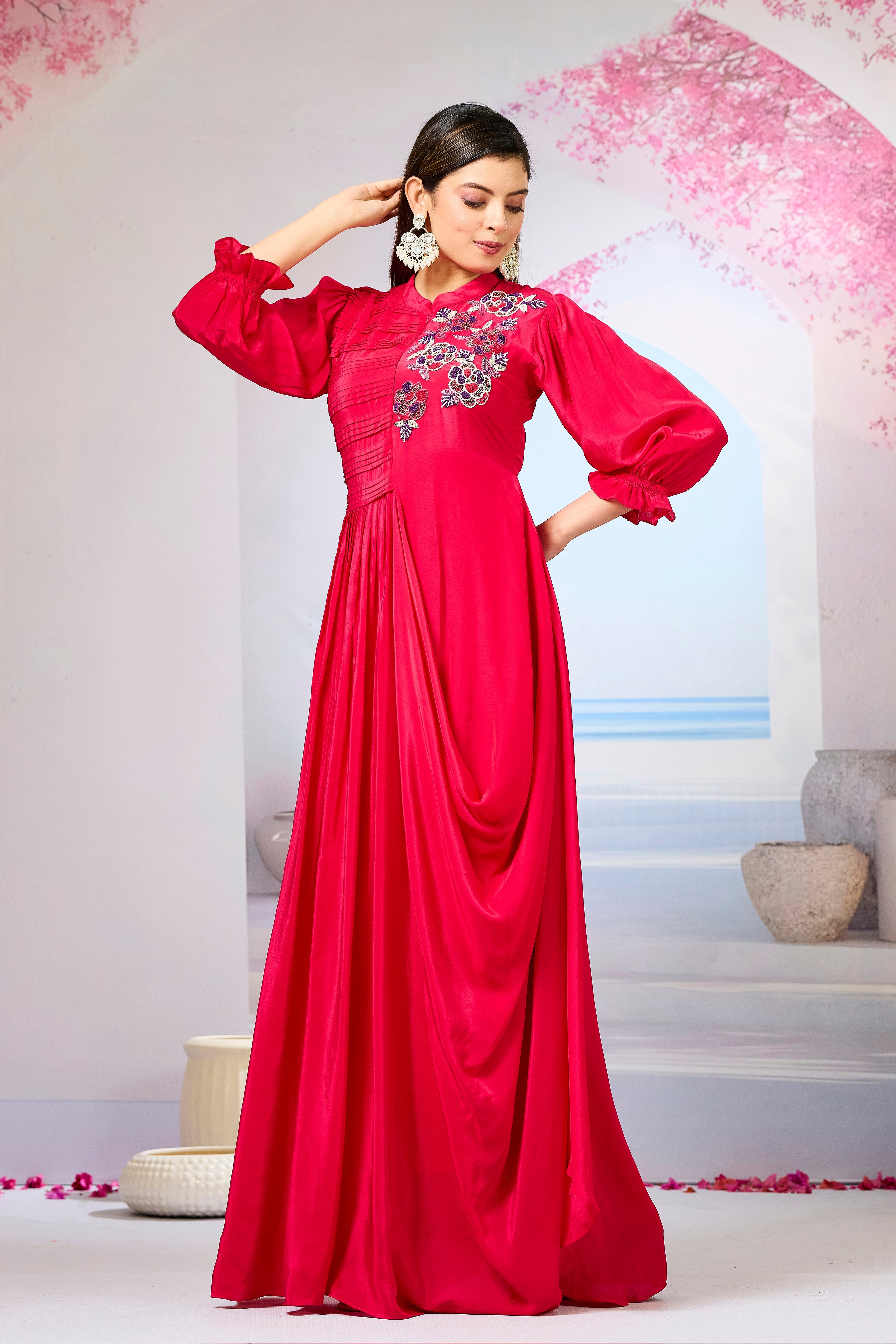 Red Crepe Silk Cowl Gown