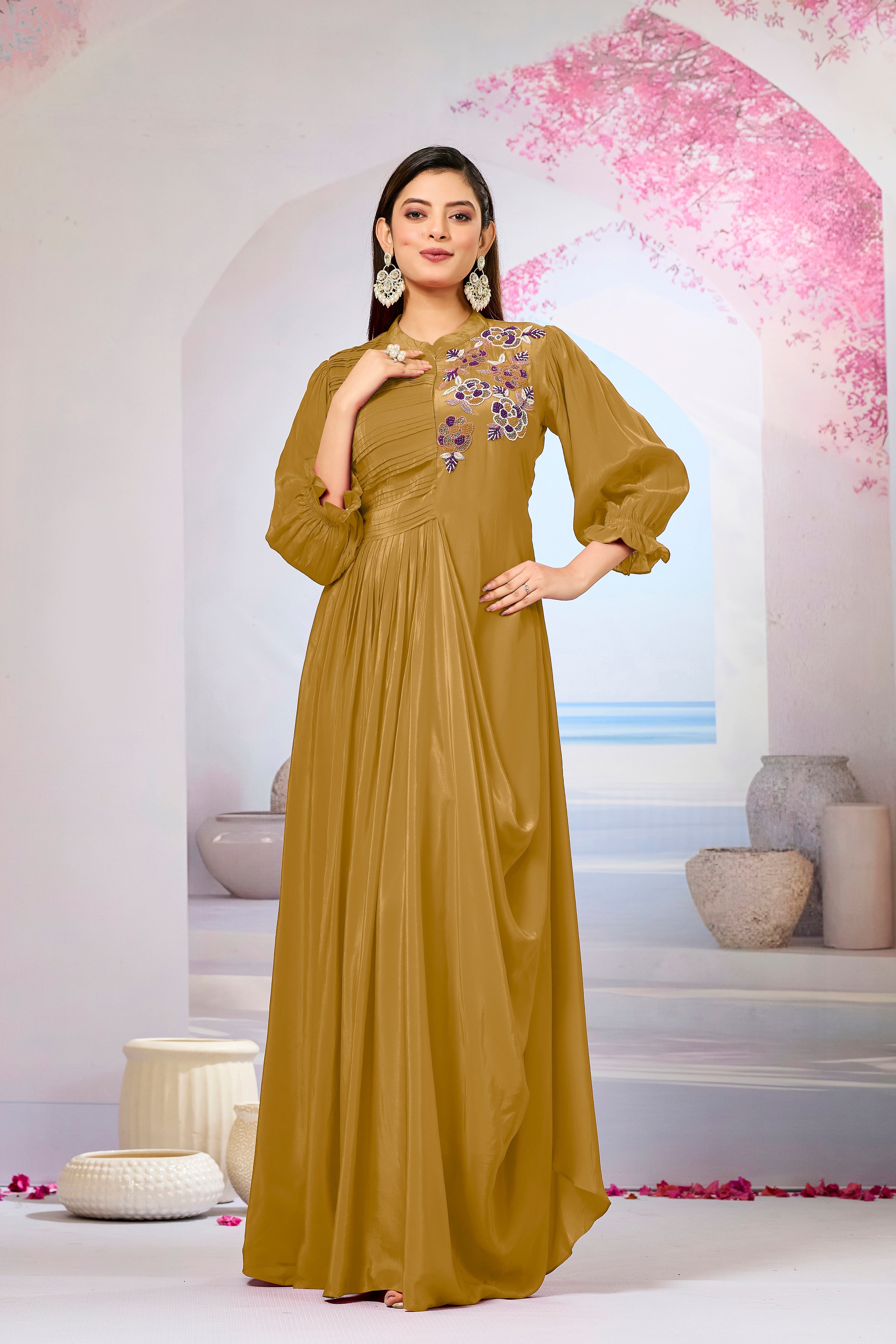 Bronze Crepe Silk Cowl Gown