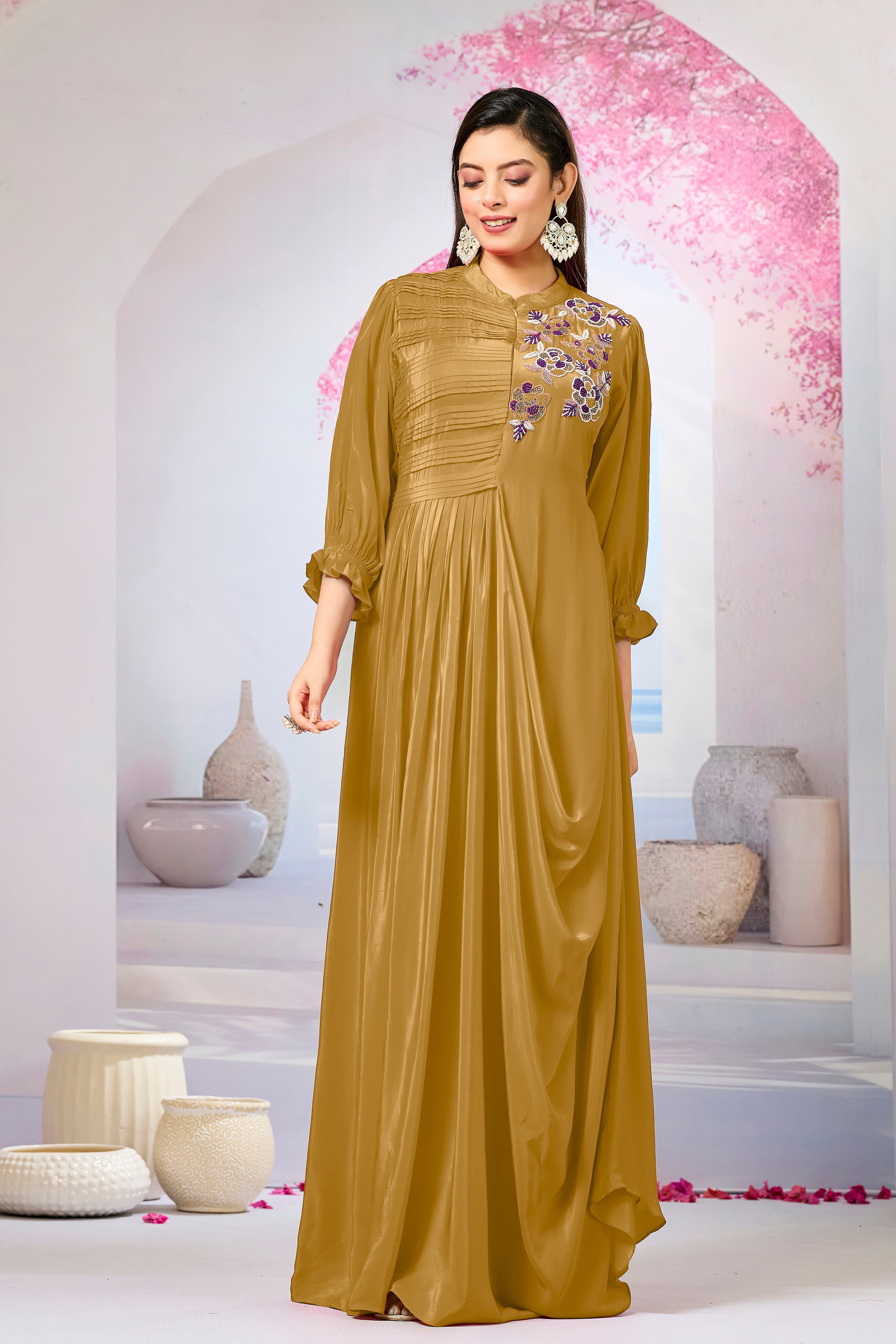 Bronze Crepe Silk Cowl Gown