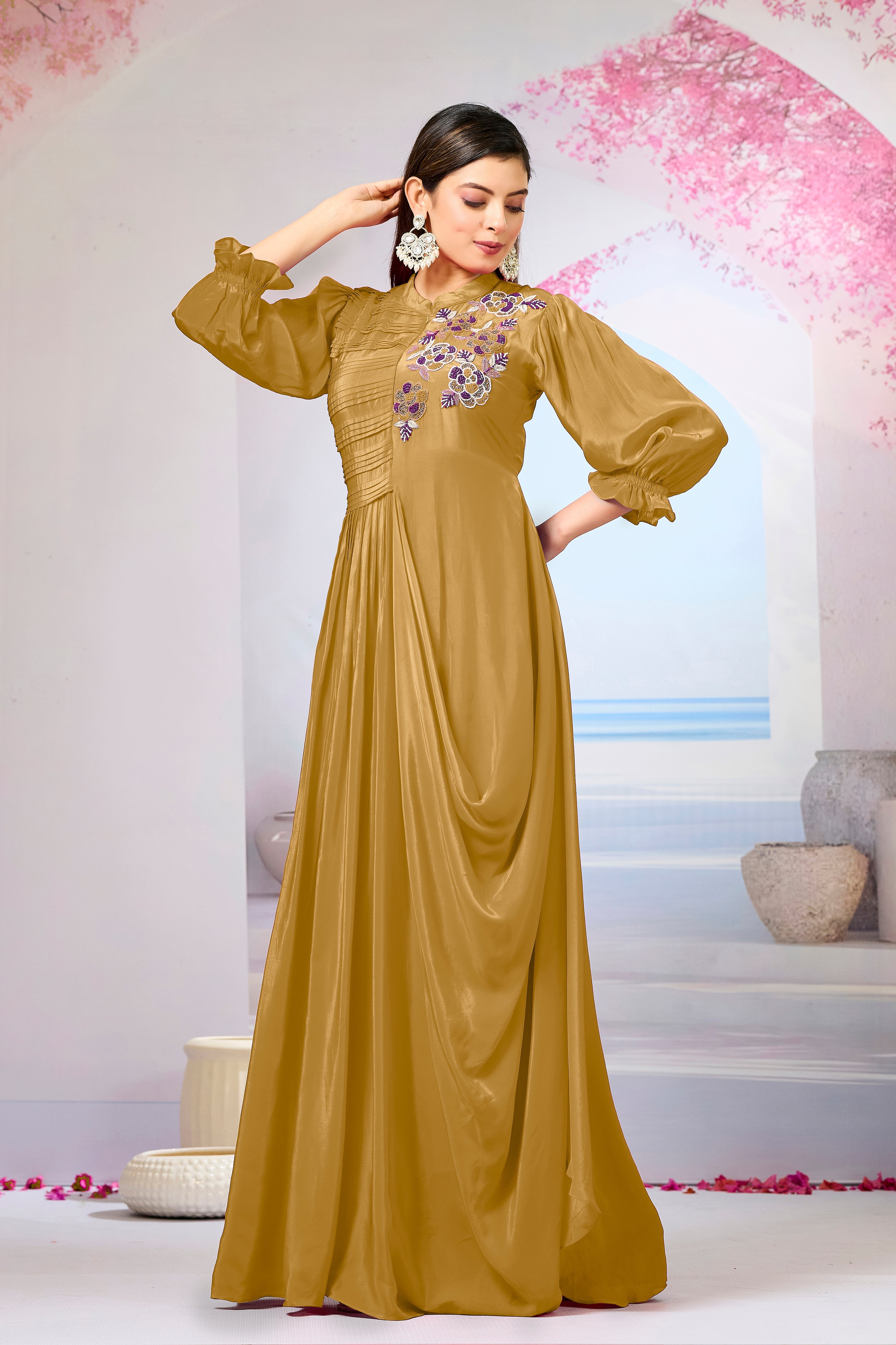 Bronze Crepe Silk Cowl Gown