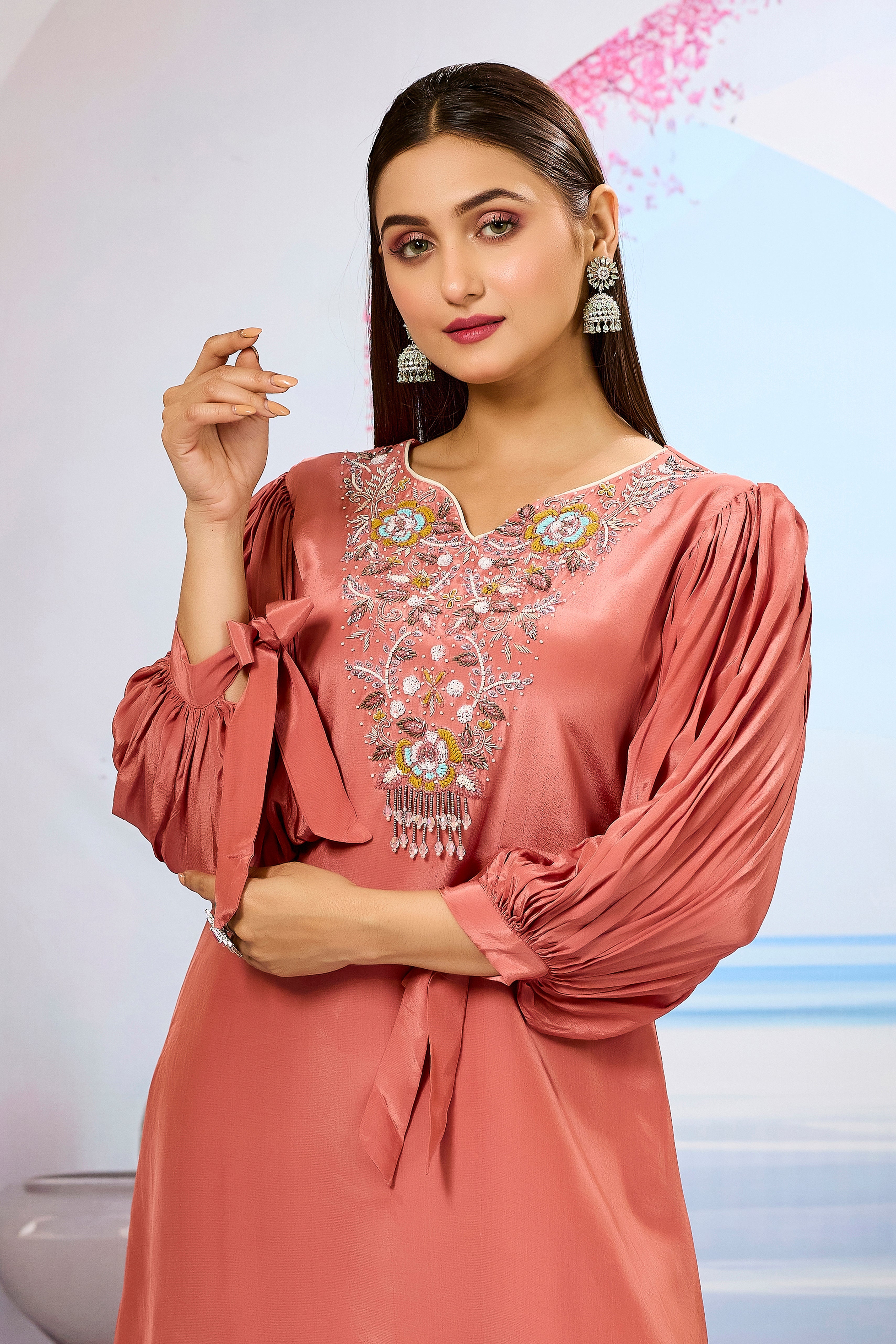 Peach Embellished Crepe Silk Palazzo Set