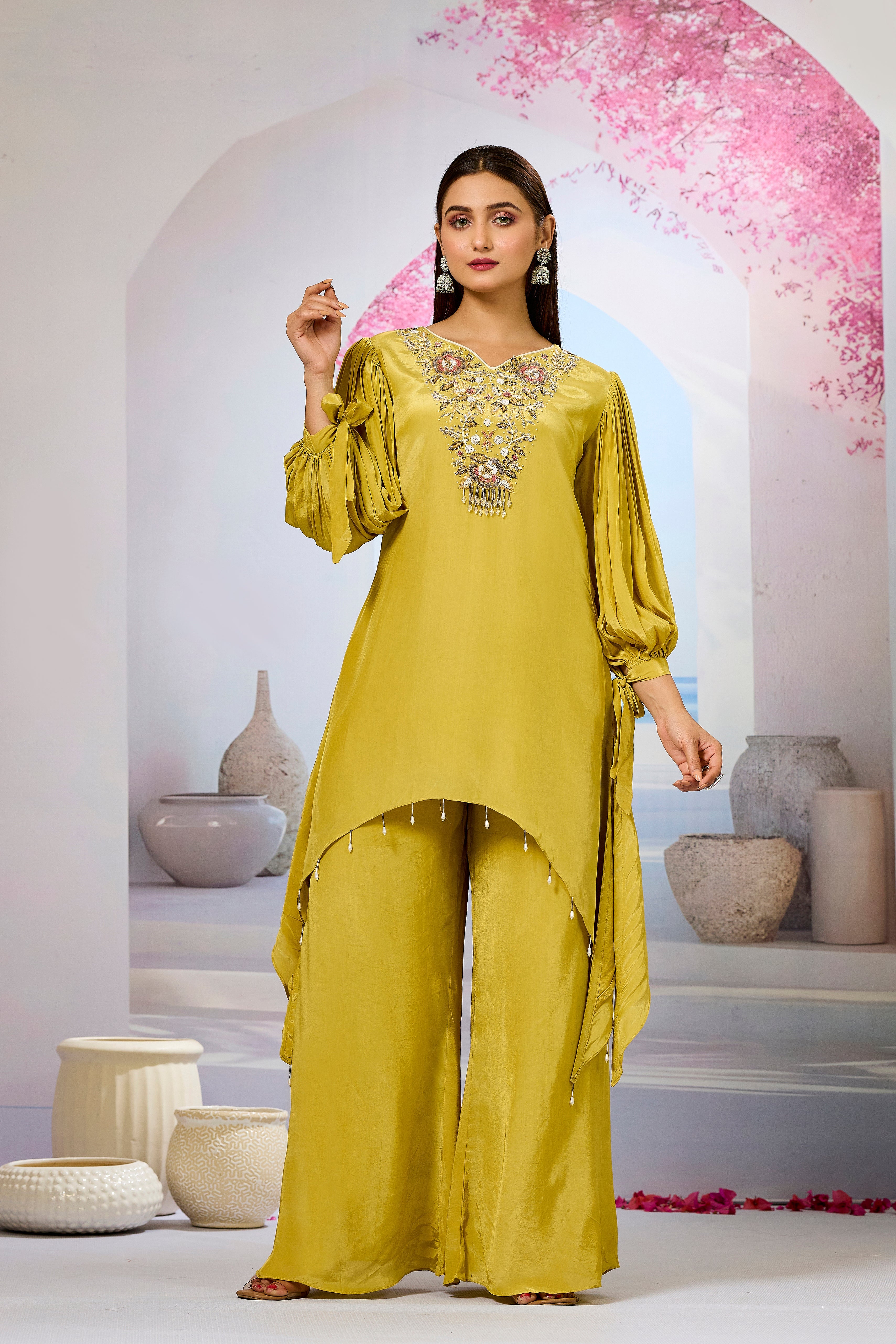 Pear Green Embellished Crepe Silk Palazzo Set