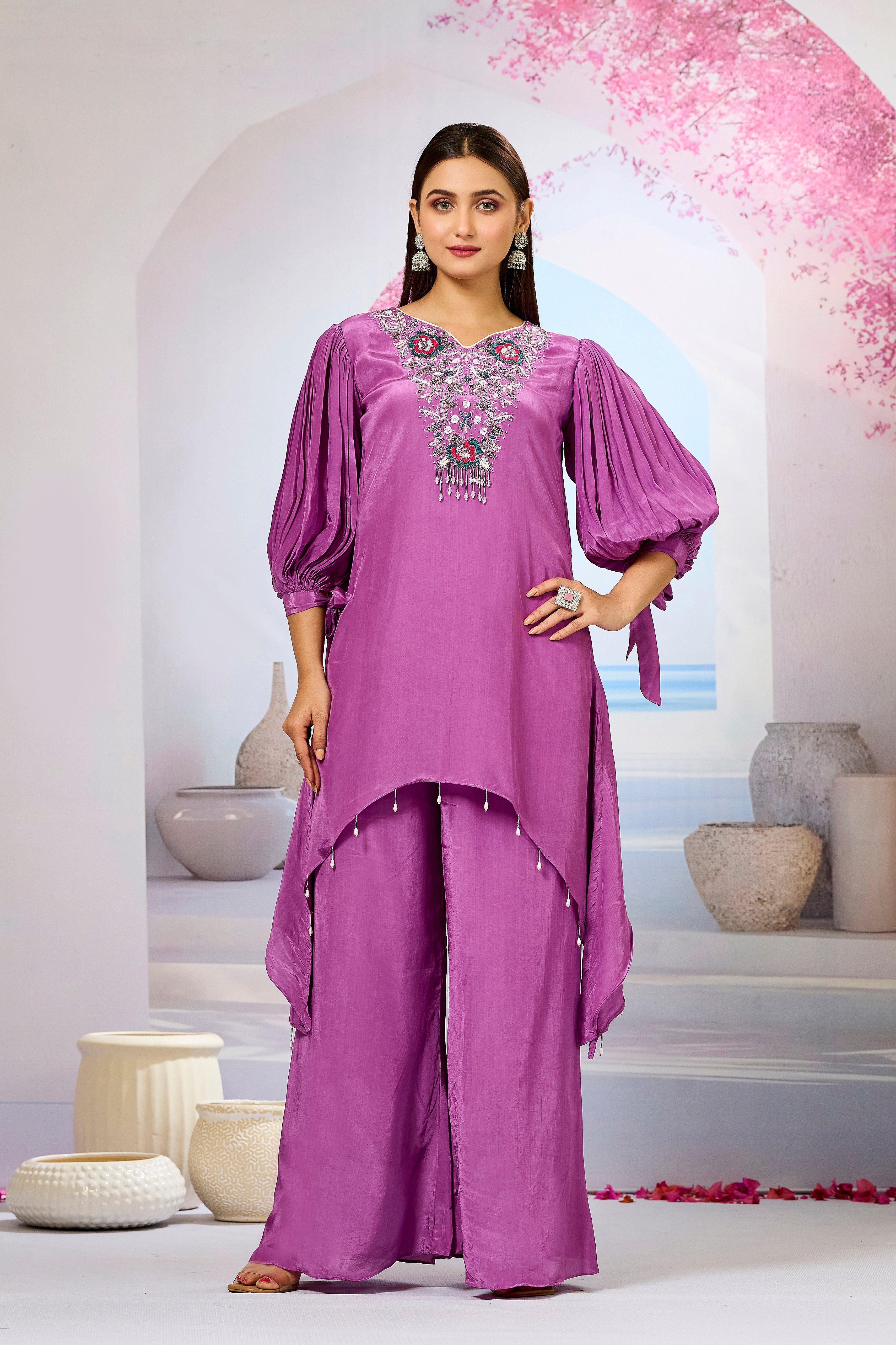 Pink Embellished Crepe Silk Palazzo Set