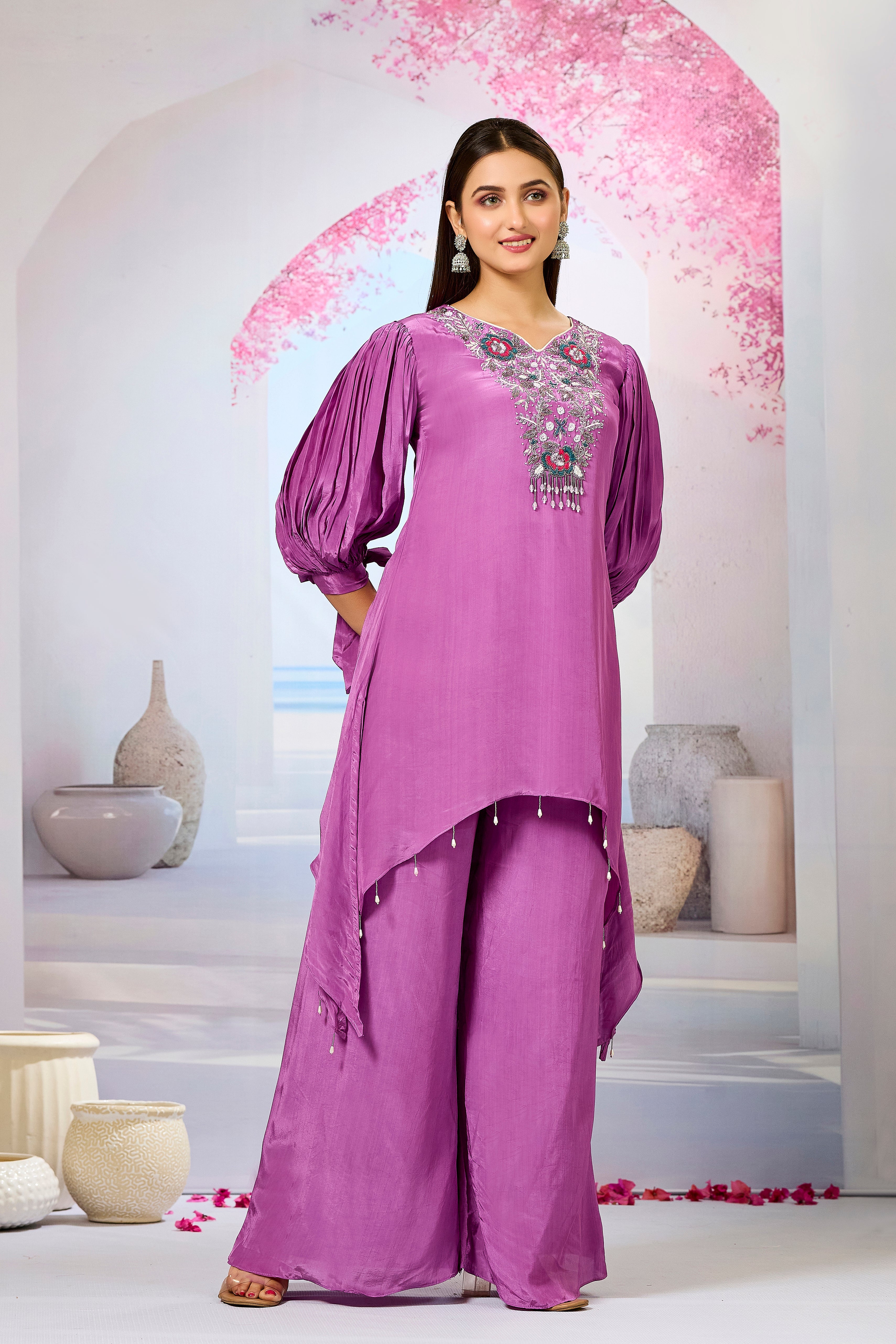 Pink Embellished Crepe Silk Palazzo Set