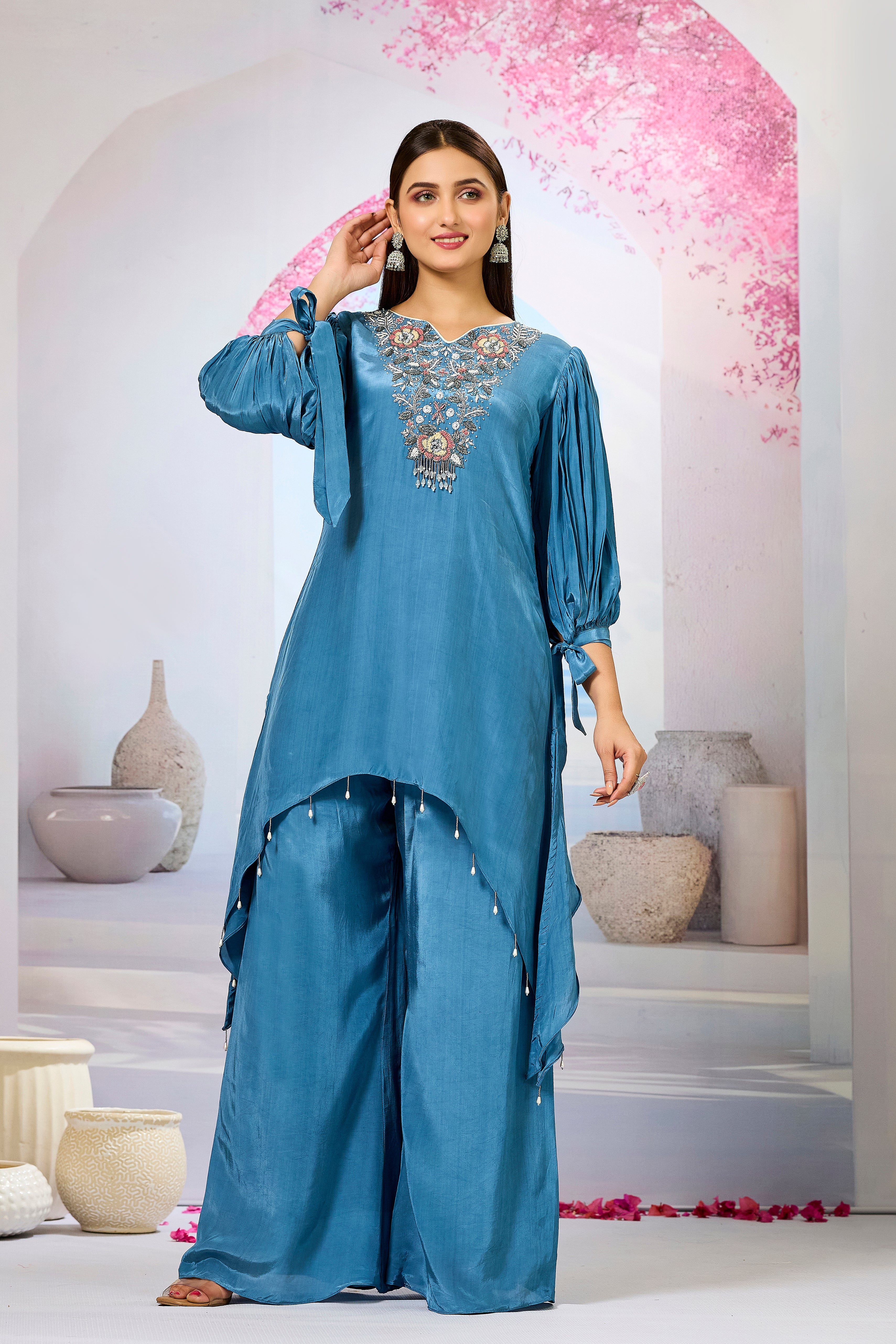 Blue Embellished Crepe Silk Palazzo Set