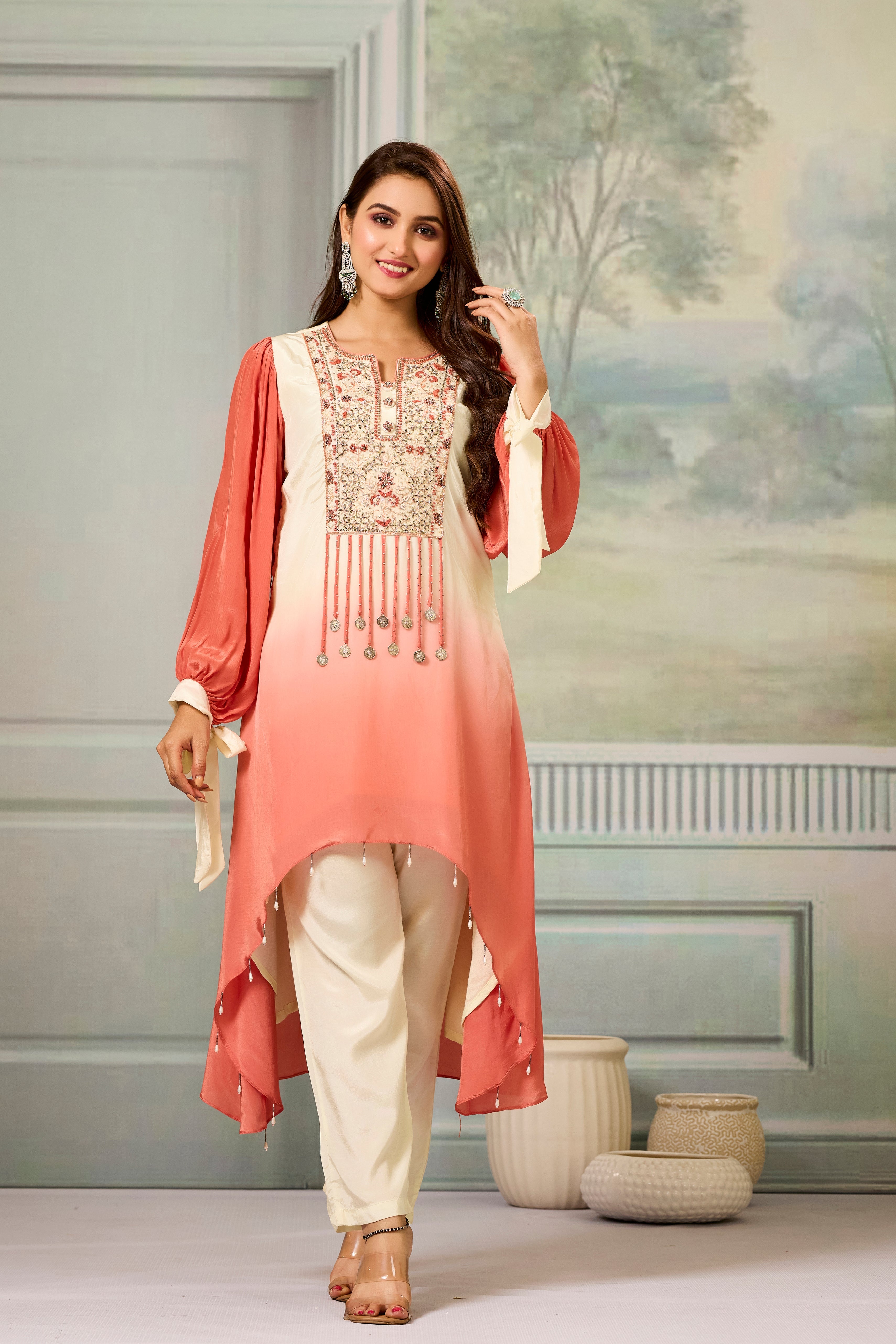 Cream Peach Ombre-Dyed Crepe Silk Pant Set