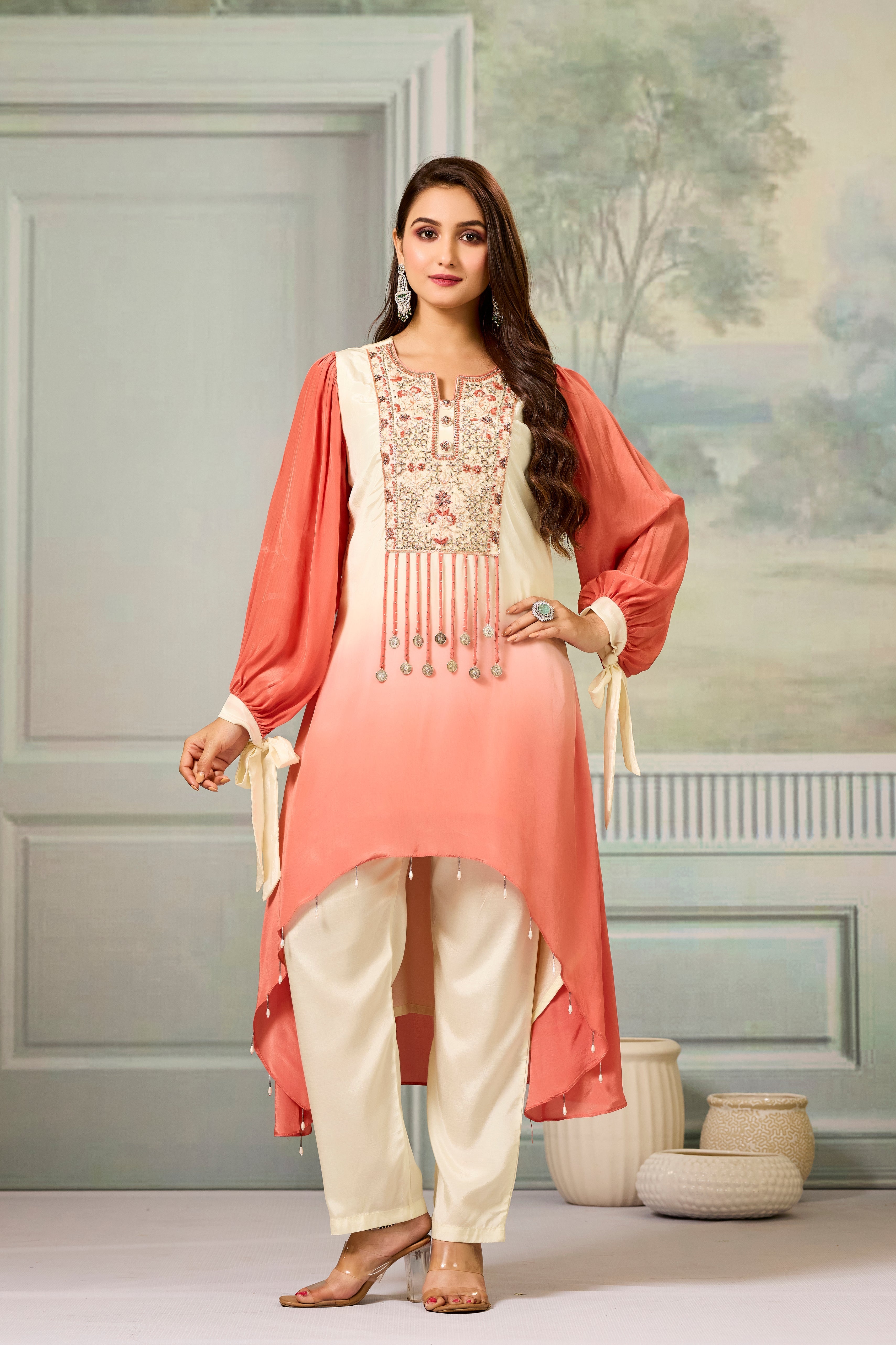 Cream Peach Ombre-Dyed Crepe Silk Pant Set