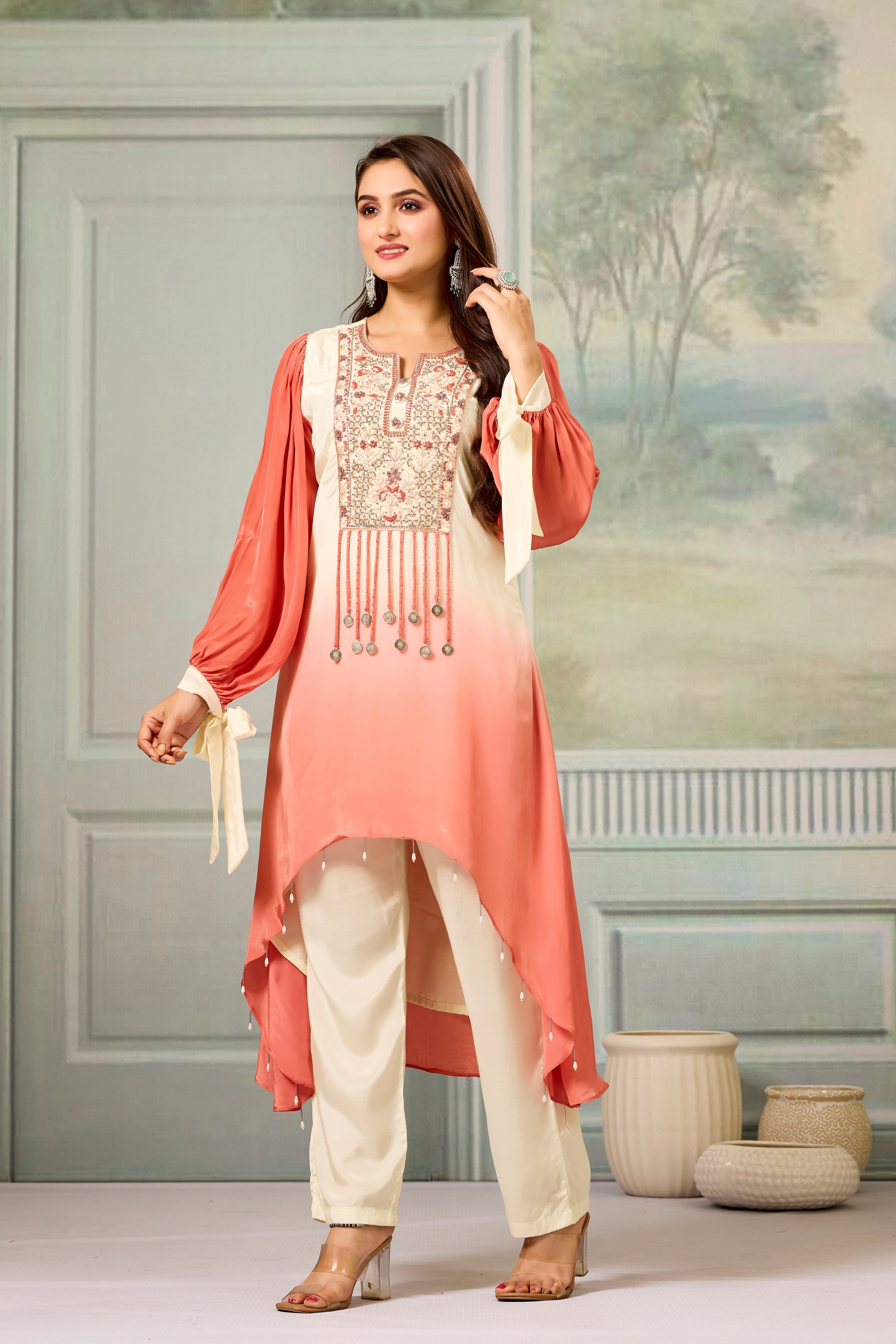 Cream Peach Ombre-Dyed Crepe Silk Pant Set