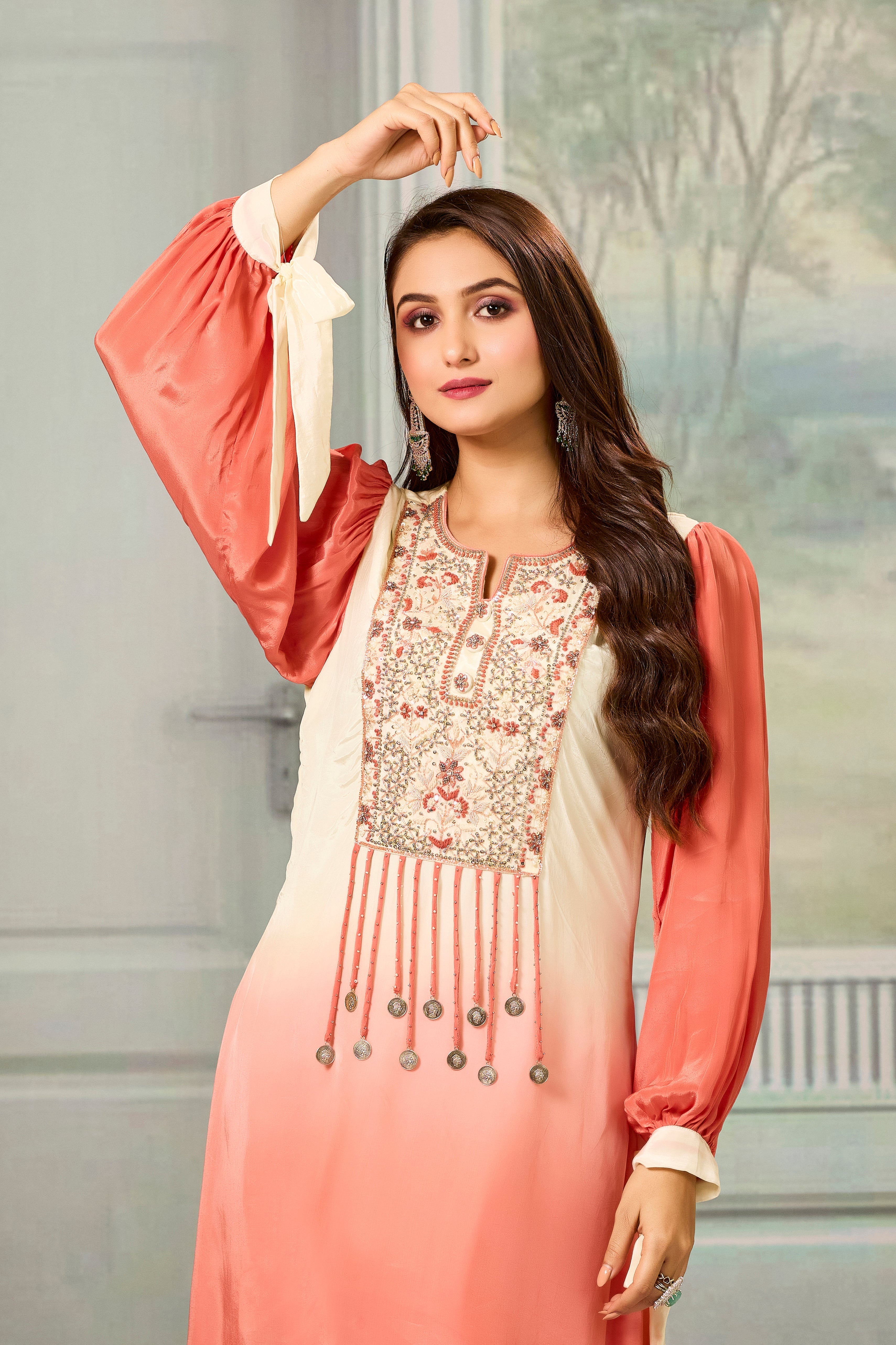 Cream Peach Ombre-Dyed Crepe Silk Pant Set