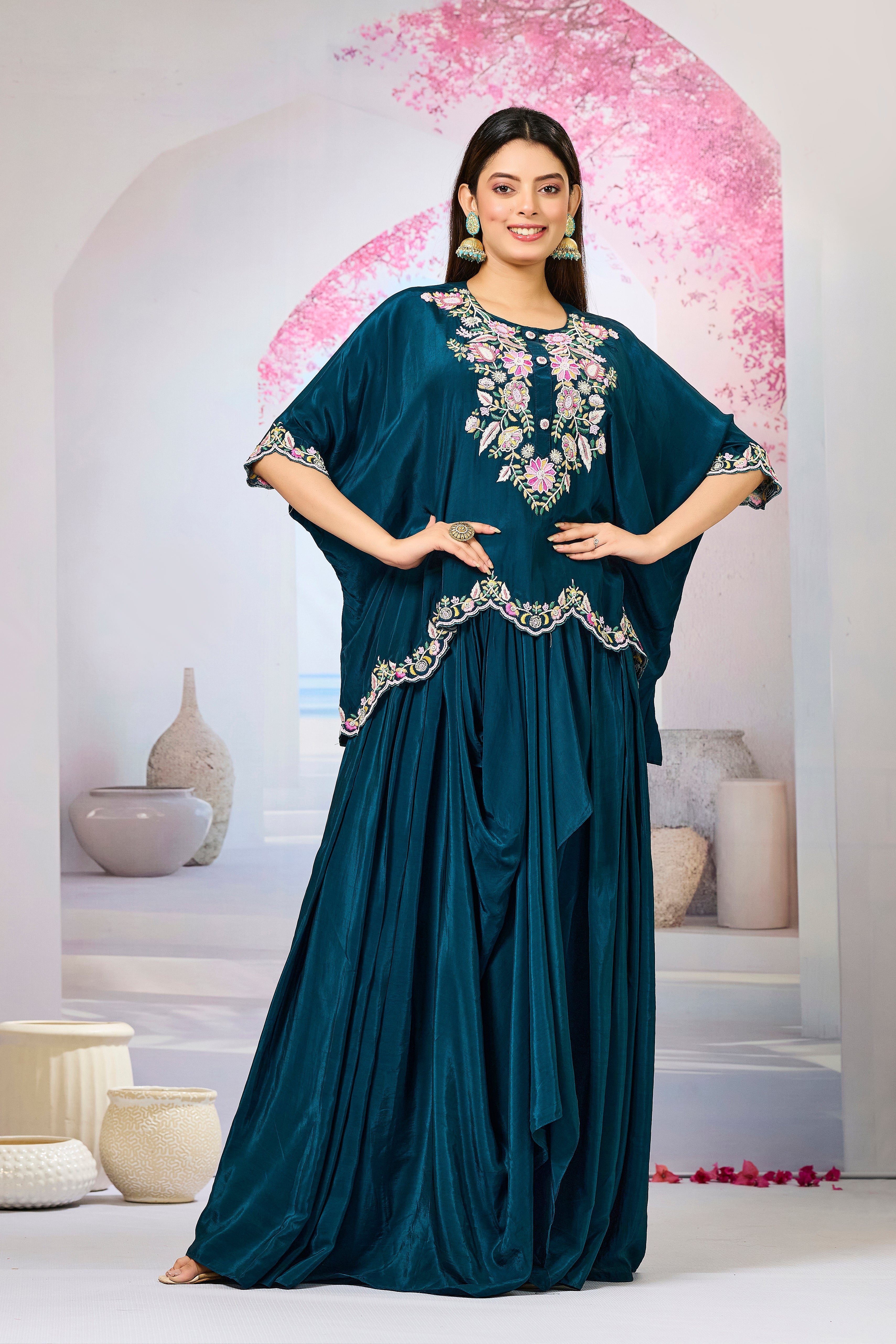 Deep Teal Embellished Crepe Silk Skirt Set