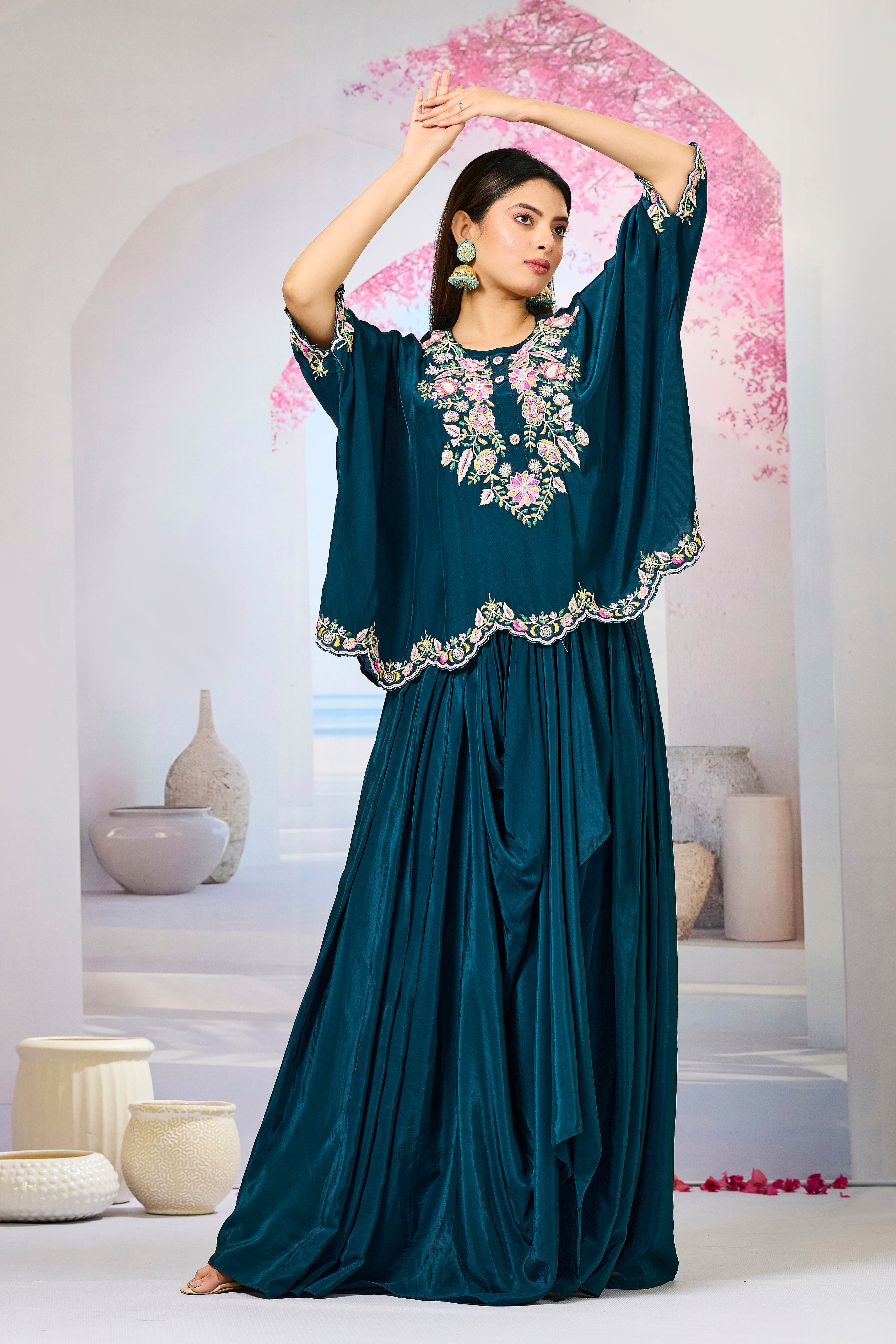 Deep Teal Embellished Crepe Silk Skirt Set