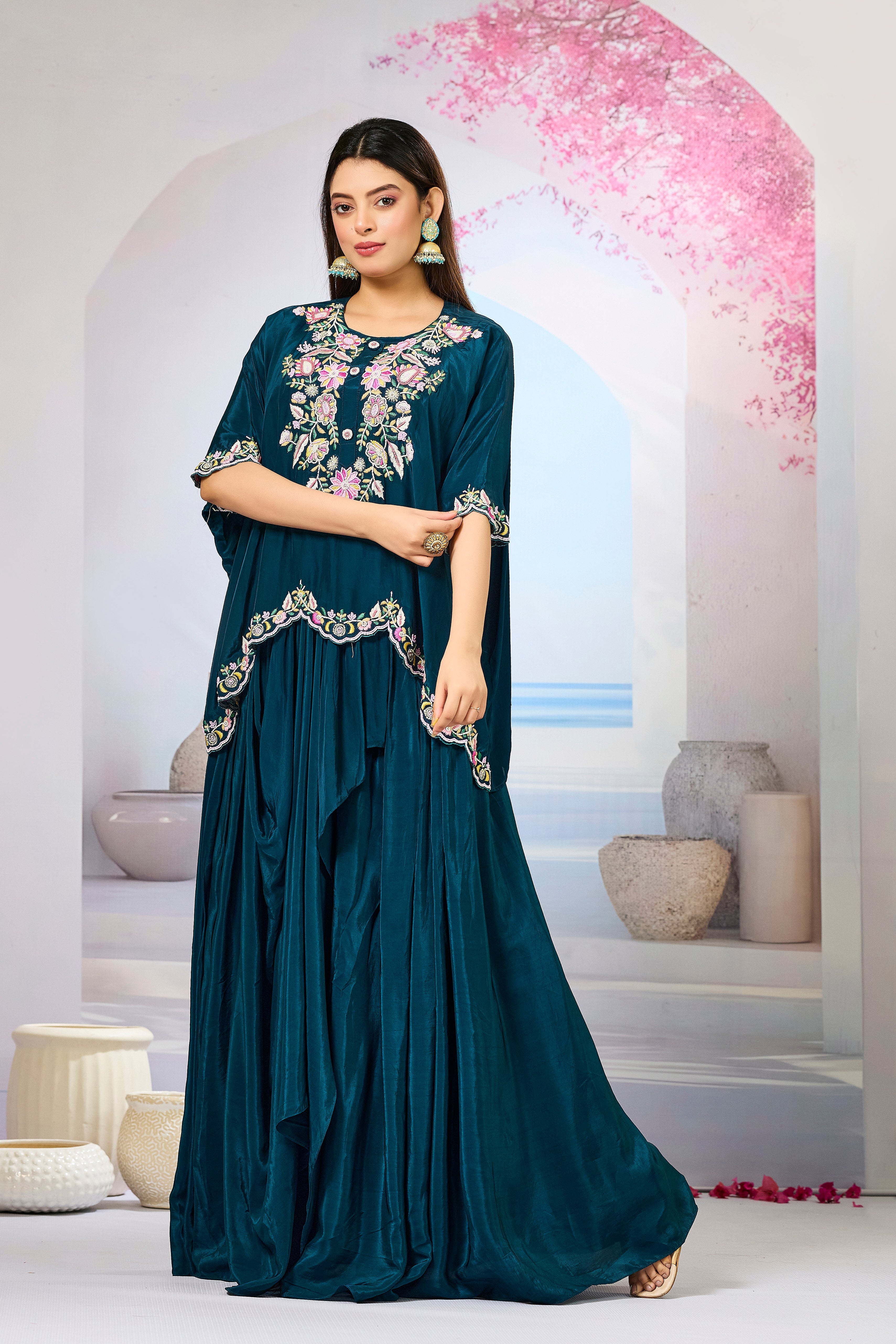 Deep Teal Embellished Crepe Silk Skirt Set